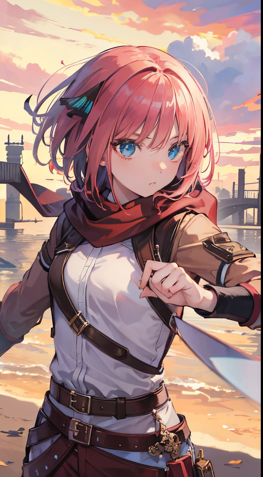 ninonakano, nino nakano, short hair, bangs, blue eyes, hair ornament, hair band, pink hair, blunt bangs, two sides up, butterfly hair ornament, (dressed as mikasa ackerman), scarf, emblem, belt, thigh strap, red bandana, white pants, brown jacket, long sleeves, weapon, sword, dual wielding, three-dimensional maneuvering equipment, fighting stance, sky,BREAK looking at viewer, BREAK (masterpiece: 1.2 ), best quality, high resolution, unity 8k wallpaper, (artwork: 0.8), (beautiful detailed eyes: 1.6), extremely detailed face, perfect lighting, extremely detailed CG (perfect hands, perfect anatomy),