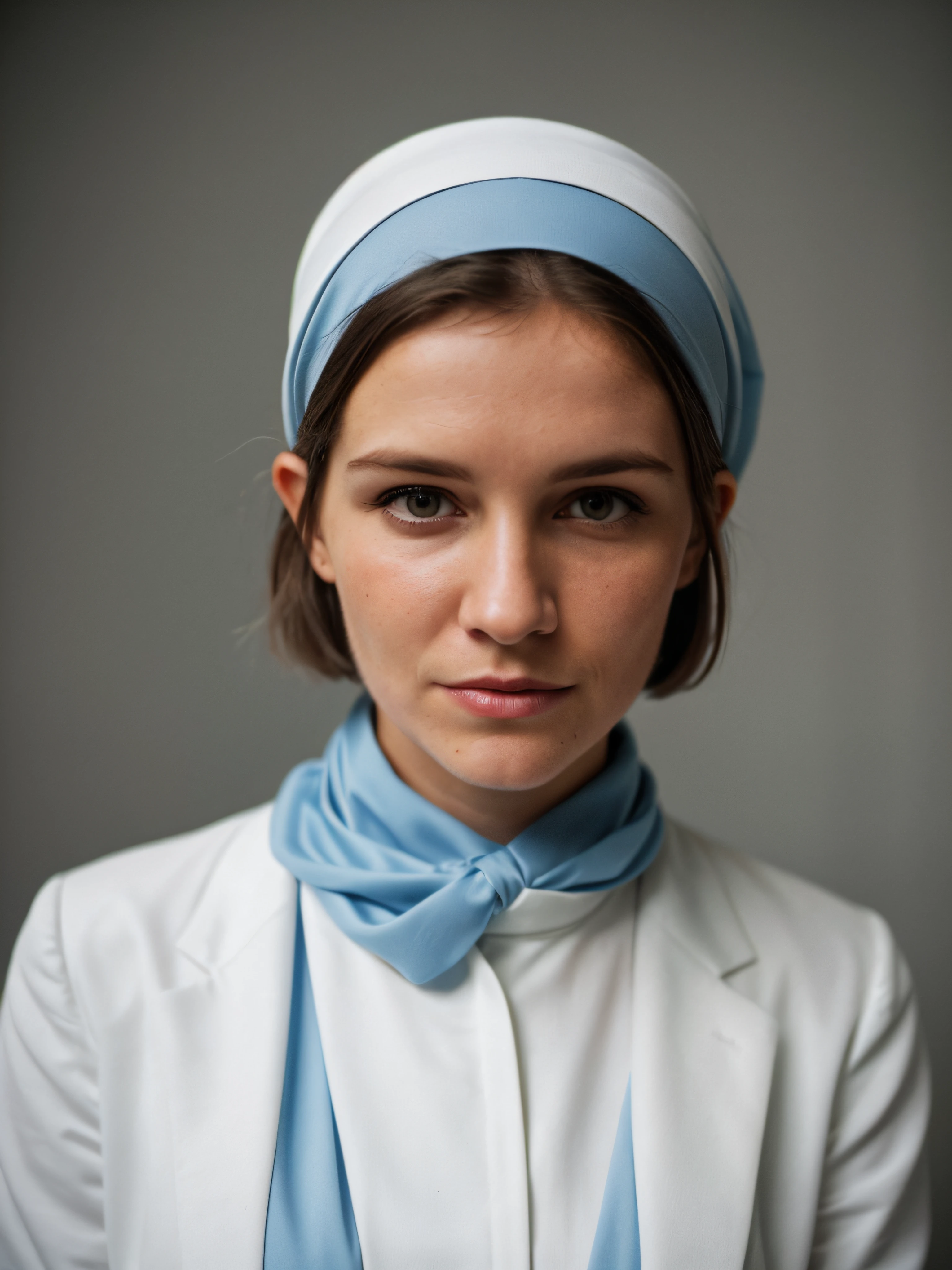 (Photographed with holga camera, Soviet 35mm color film:1.1),46 year old portrait photo.oh oh oh，white woman,light brown hair turning gray,Very short hair,super pixie cut,(Angular features),(rosto magro:1.3),linear,upper part of body,Official Portrait,dressed in a suit、wearing a hijab, sporty attire,profesional photo