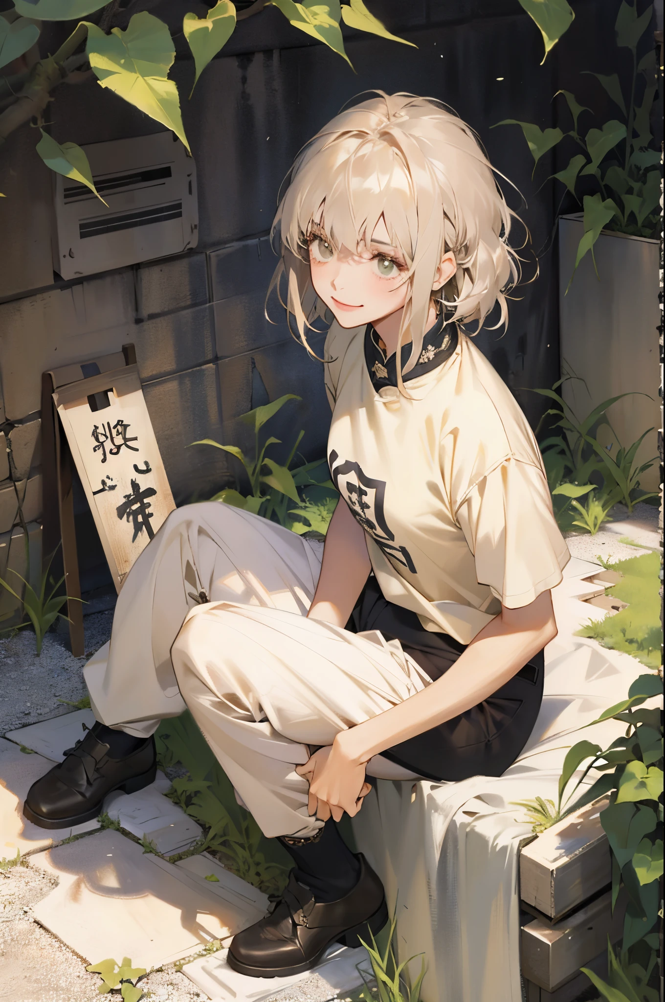 masterpiece, quality, (1 ,Taut,The large:1.4), (((摩洛解放阵线,Beige hair))),hairlength,A smile,tee shirt,shorter pants,underwear  transparent,4 fingers, 1 thumb, Best light and shadow, ((Back alley,dynamic combination)), eliminate sunlight, Sit on it,A kitten curled up next to her, Mottled sunlight, Labels, depth of fields, a plant, 夏天