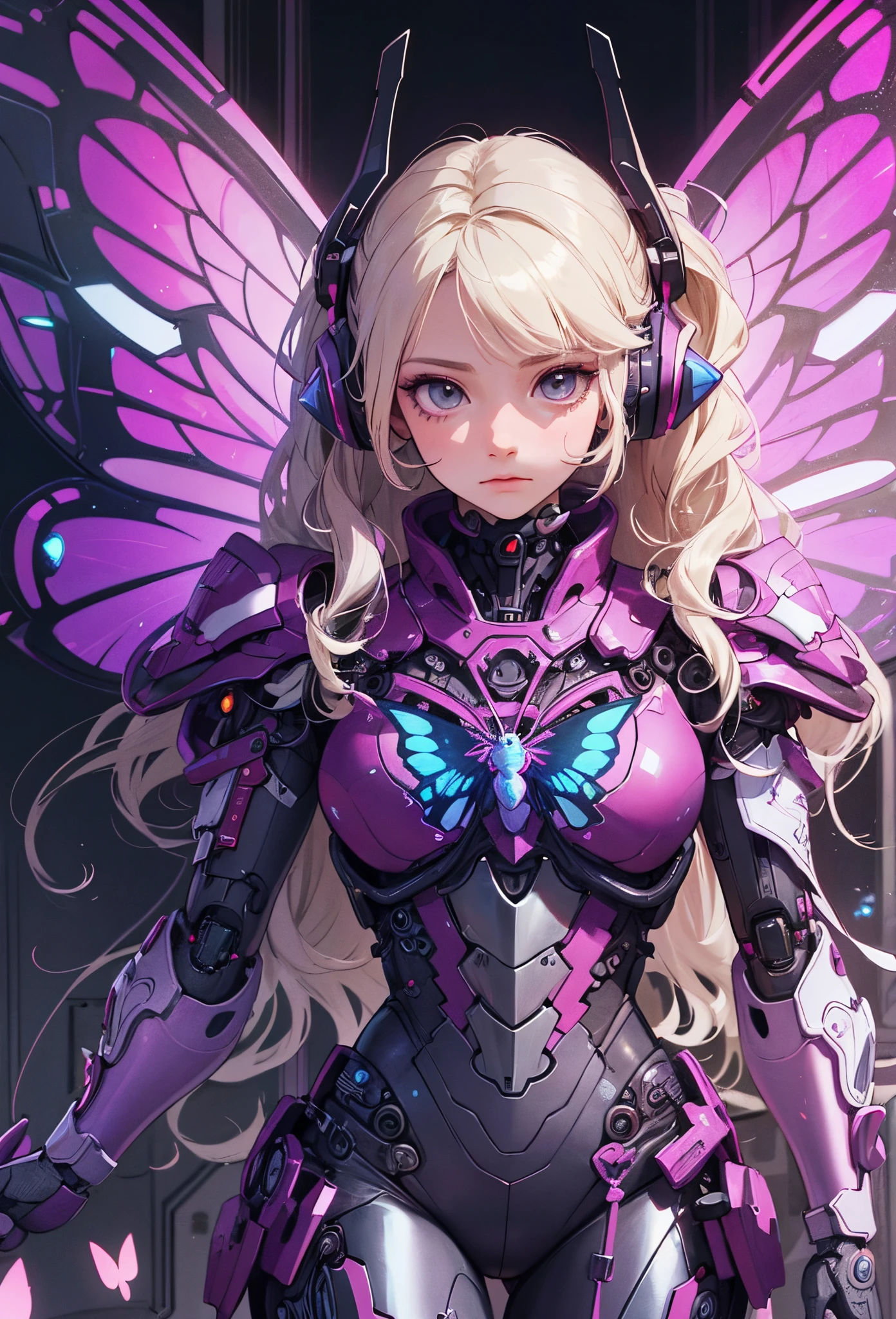 (Detailed illustrations,Very detailed and detailed drawing,Delicate lines with slow and rapid,Realistic texture expression),[Color tressed main line],[labo],[[HENTAI]] ANIME (CYBERGirl anime Beauty 13 years old Cyborg [Wavy Hair (platinum-blonde)]),([Butterfly wings] Magenta's Papillon Cyberne Armor [Aurora Armor] Fuselage only transparent material) Cyber Headset,(cybernetic),(Intricate and beautiful decoration [Dense detail]),(Fine and beautiful skin expression [Transparency]),[Perfect eye details (Iris beautifully drawn in every detail)[Jewel-like eyes]],[long and beautiful eyelashes],[Meticulously drawn hair [More on beautiful and shiny hair]],(Perfect hand details [Beautiful fingers without breakdowns [Beautiful nails]]),(Perfect Anatomy(Perfectly proportioned))[[Full body like]],[[Design built to the highest level]][Ideal color coordination(Accurate simulation of light-material interactions)],([Precision Detail](detaileds,high-detail)),[Visual art that conveys a sense of narrative].