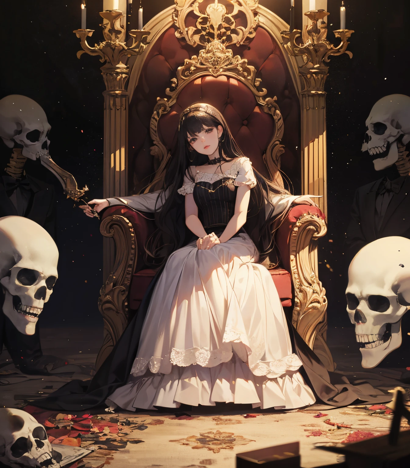 1lady,solo,cool,red eyes,gloat,dress,gorgeous,skull,dark,purple,black,sitting a chair,around the skulls