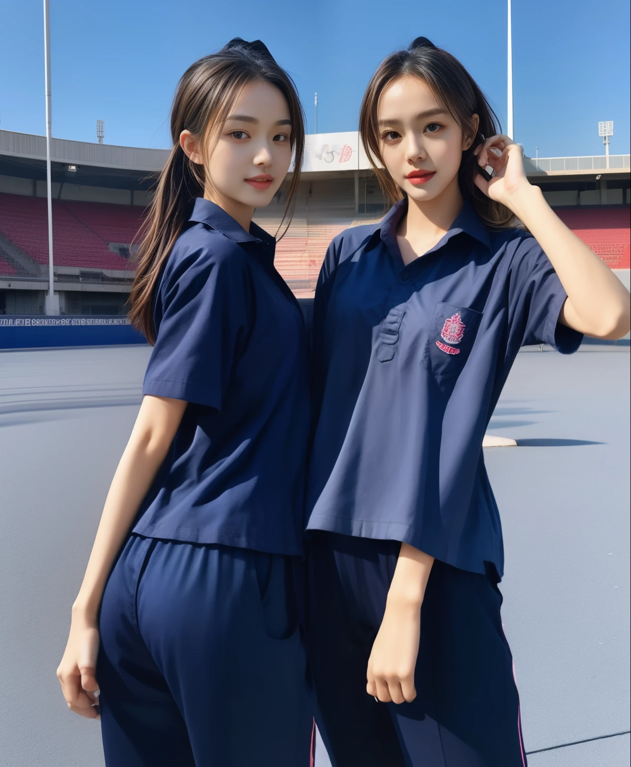 (bestquality,10,10,highres,masterpiece:1.2),ultra-detail,(Realistic,photorealistic portrait,photo-realistic:1.37),1 Cute girl in the football field,oily shiny skin,bara,light smile,BDclothelue shirt:1.3)),short sleeves,shirt, trousers.,(navy_long_Pants Track:1.1), ((Stadium Background:1.3)),dynamic angle,excited,face focus,Dynamic Poses,from behide,Ass Focus,masterpiece, bestquality, ultra realistic, hyper-detail, 8k resolution, RAW photo, crisp focus, ((Navy blue shirt:1.1)), short sleeves, Long Path, Perfect body, 2 mature women, 18yo, cinematic light,Blue sweatpants,Gymware,Correct anatomy,Complete body, Correct body, sharp face, Anatomically correct body, full entire body, Realistic gestures, long-haired, Realistic poses,Wear long shorts..............................,Long leg span,Shapely,Sculpting Girl, Slender Figure, mannequin mannequins, Shapely, Beautiful body,Blue sweatpants, Two girls kissing