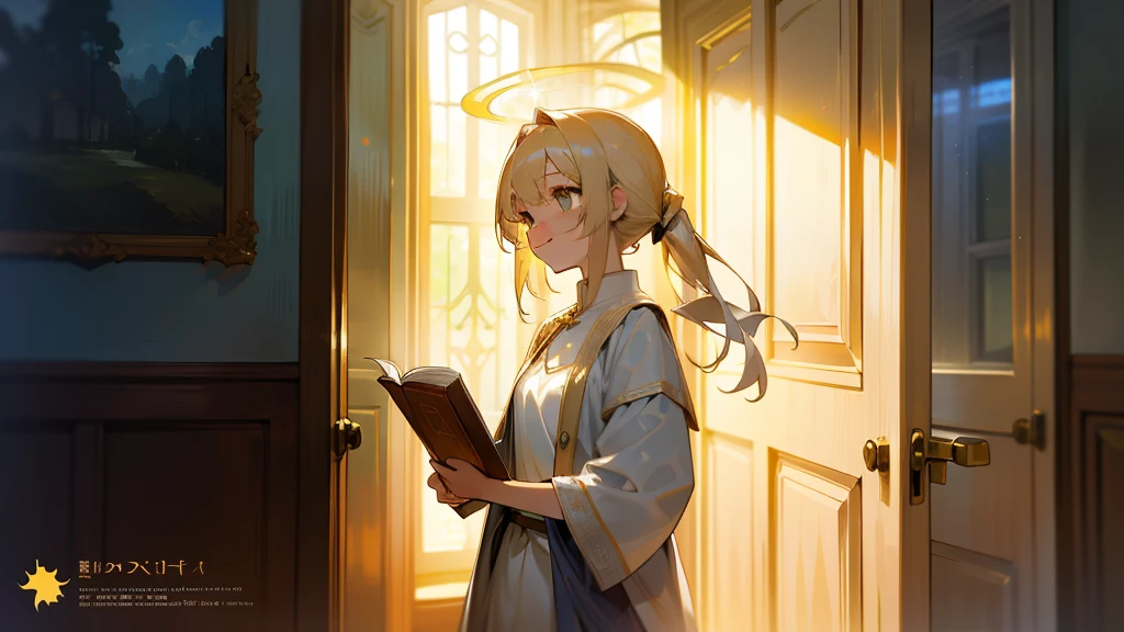 ((Masterpiece,Best quality)), Screen description：
a bright interior space，Sunlight comes in through the windows，sprinkled on the pale wall，Forming a golden halo。A woman stands at the window，She had a warm smile on her face，There was a sparkle of determination in his eyes。She holds a book in her hands，The text &quot;There  sunshine in my heart&quot; on the cover  particularly eye-catching in the sunlight.。Behind her  a half-open door，Through the crack in the door, you can see a lush garden outside.。The whole picture  full of warmth、A breath of brightness and hope，As if the power of sunshine can drive away all sadness and haze。