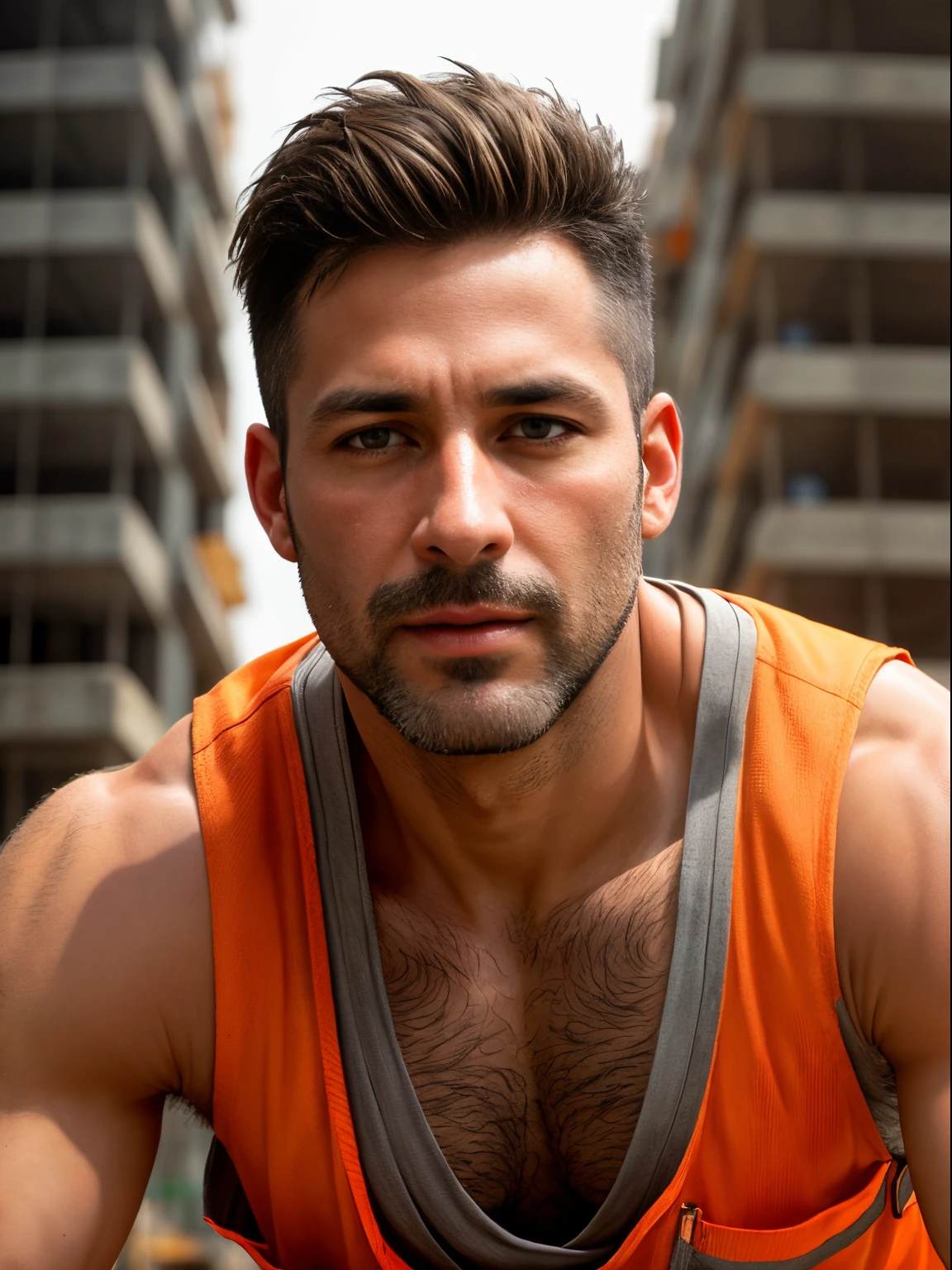 masterpiece, best quality, high resolution, closeup portrait, male focus, solo focus, A man, 40 years old, with construction worker uniform, unbuttoned work clothes, construction worker, silver grey hair, messy hairstyle, cute and seductive face, bare chest, body hair, facial hair, roman nose, very skinny body, hairy legs, dimples, beard, bold jawline , in the background a construction site, two men love touch romantic, kneeling, two men kiss, sweaty, sunburnt, orange vest, attractive, view from below, amazing composition, front view, HDR, ultra quality, elegant, highly detailed