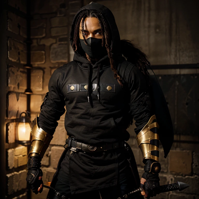 Snake Eyes star his name he's a ninja with brown skin and dreads who wears all black his eyes covered by a hoodie its black also he has a long sword the handle black and the sheate black with yellow lighting bolts imprinted on it he has armor on his arms and shoulders and chestplate