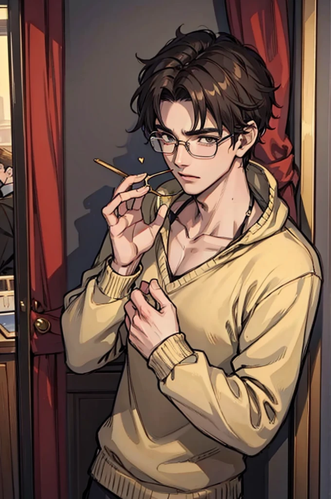 20-year-old male, Sweaters, chest muscle, Gold-framed glasses