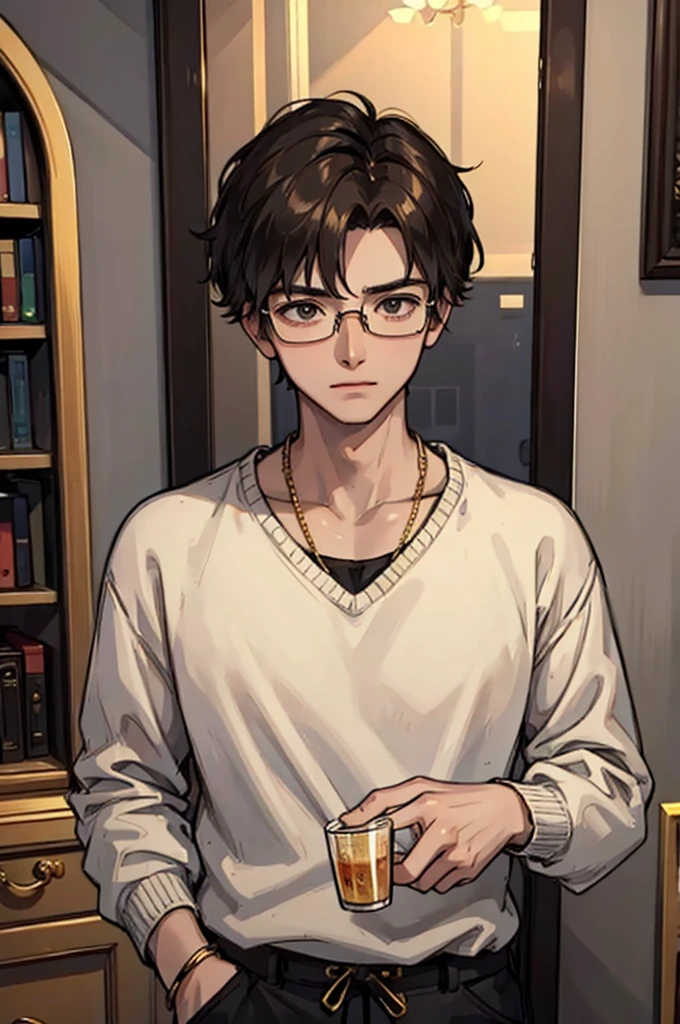 20-year-old male, Sweaters, chest muscle, Gold-framed glasses