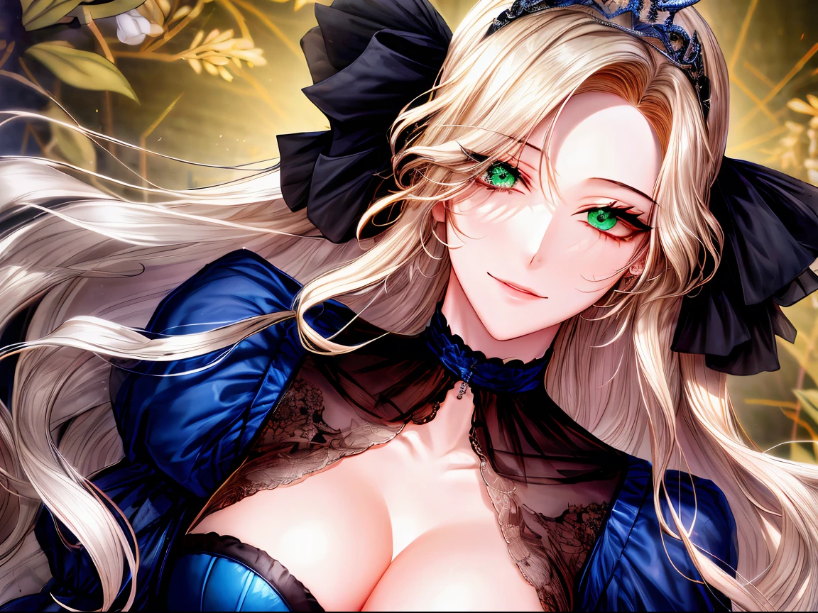 shoujo-style, floral background, romance manhwa, 1girl, blonde hair, solo, jentle smile, long hair, flower, dress, tiara, white dress, gloves, long sleeves, choker, green eyes, mascara, makeup, white gloves, black bow, black flower, wavy hair, bow, jewelry, looking at viewer, white background, collarbone, puffy sleeves, silver accessories, cleavage, upper body, parted bangs, very long hair, blue dress, frills, bangs, closed mouth, detailed eyes, (close up), gleaming skin, shiny glossy skin, (dynamic angle, dynamic cut, dutch angle)