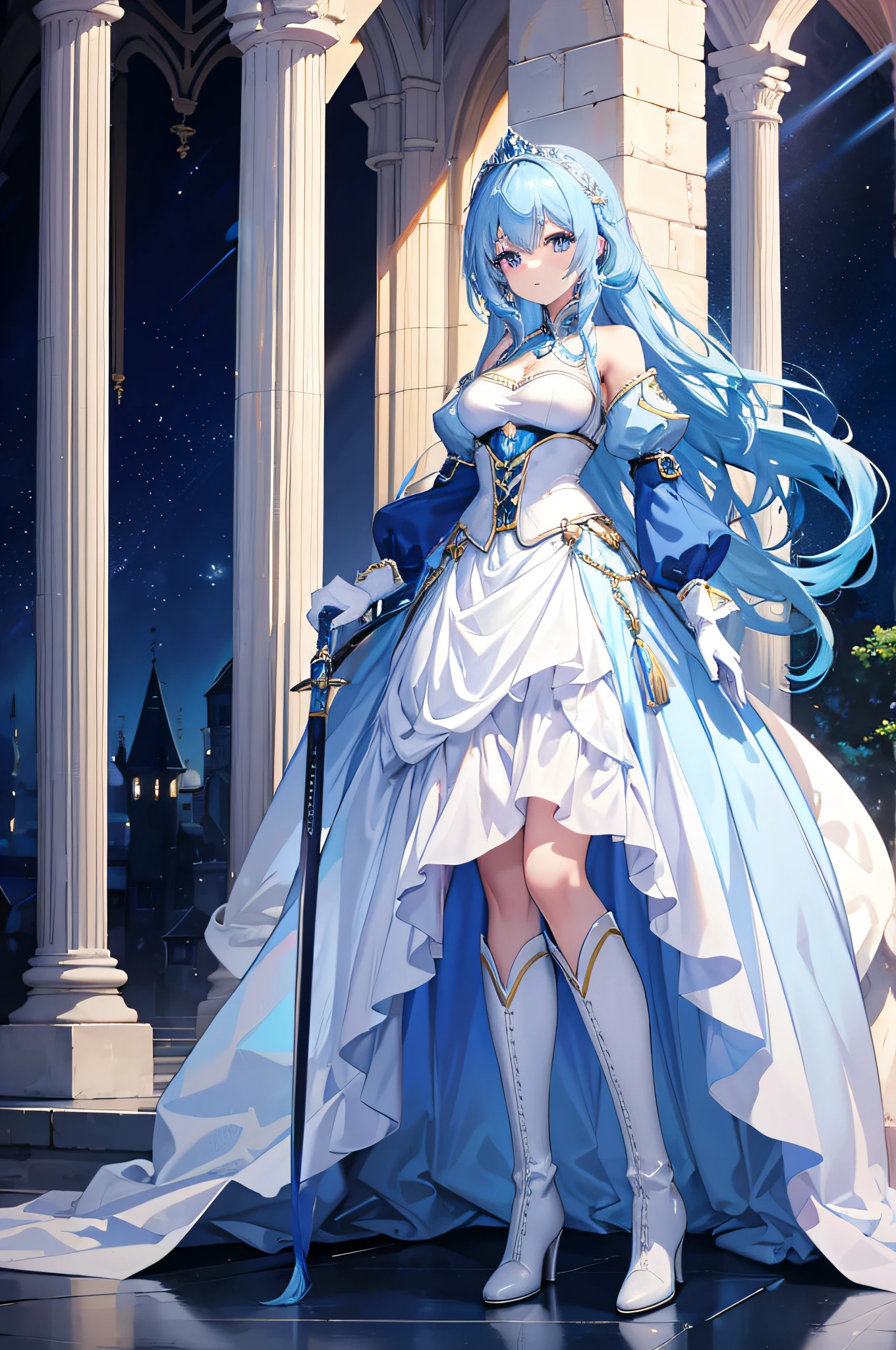 4K,hight resolution,One Woman,Bright blue hair,poneyTail,hime,Princess Knight,blue princess long dress,White armor,long white gloves,long white boots,Princess tiara,jewel decorations,Longsword,Medieval castle town