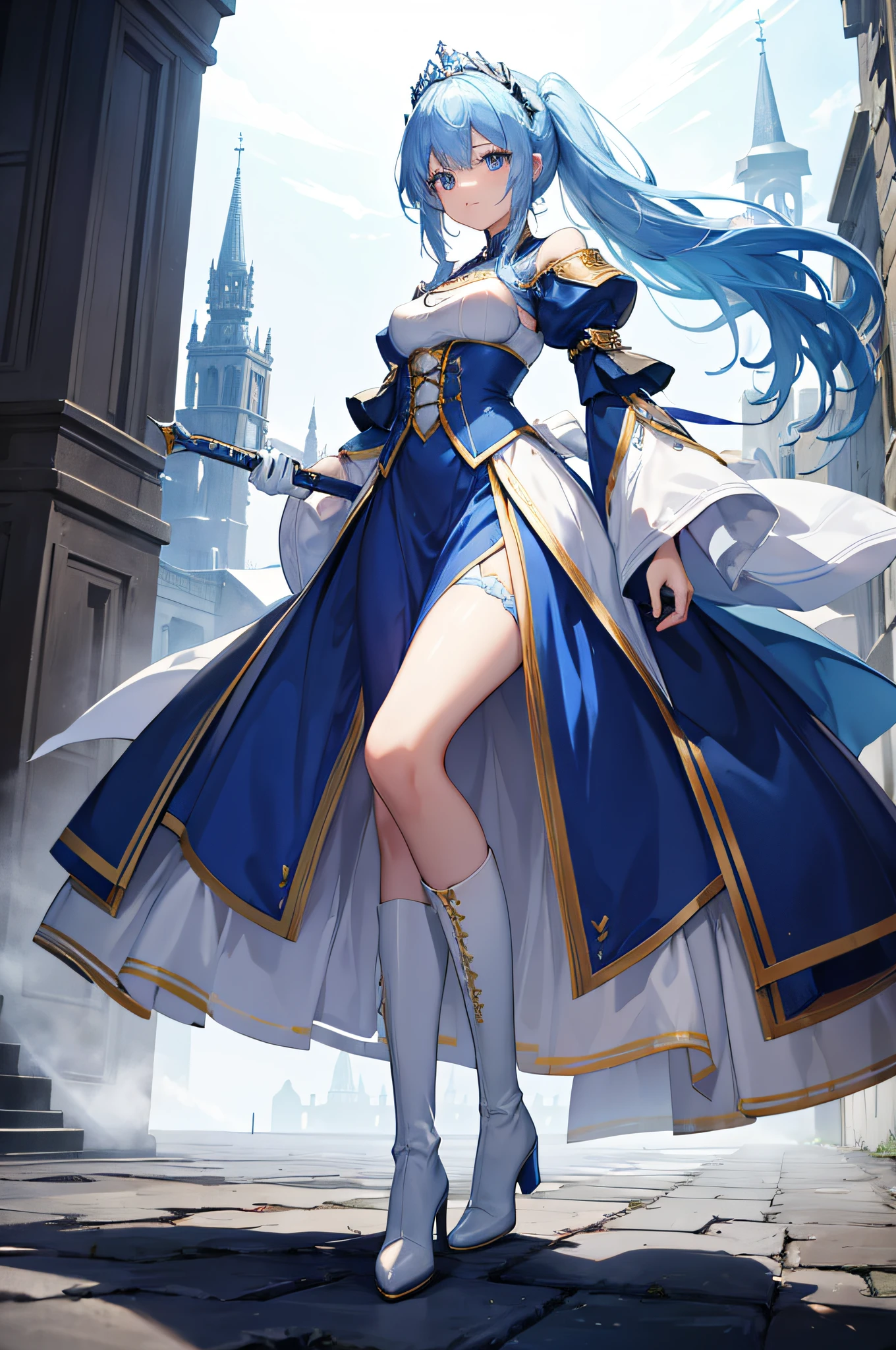 4K,hight resolution,One Woman,Bright blue hair,poneyTail,hime,Princess Knight,blue princess long dress,White armor,long white gloves,long white boots,Princess tiara,jewel decorations,Longsword,Medieval castle town