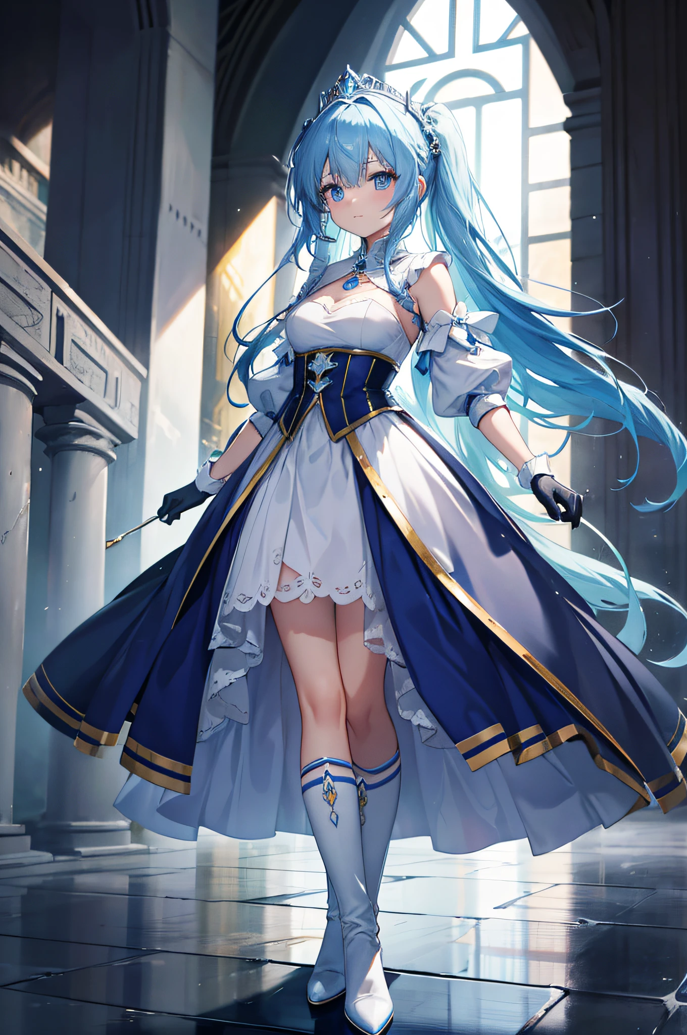 4K,hight resolution,One Woman,Bright blue hair,poneyTail,hime,Princess Knight,blue princess long dress,White armor,long white gloves,long white boots,Princess tiara,jewel decorations,Longsword,Medieval castle town