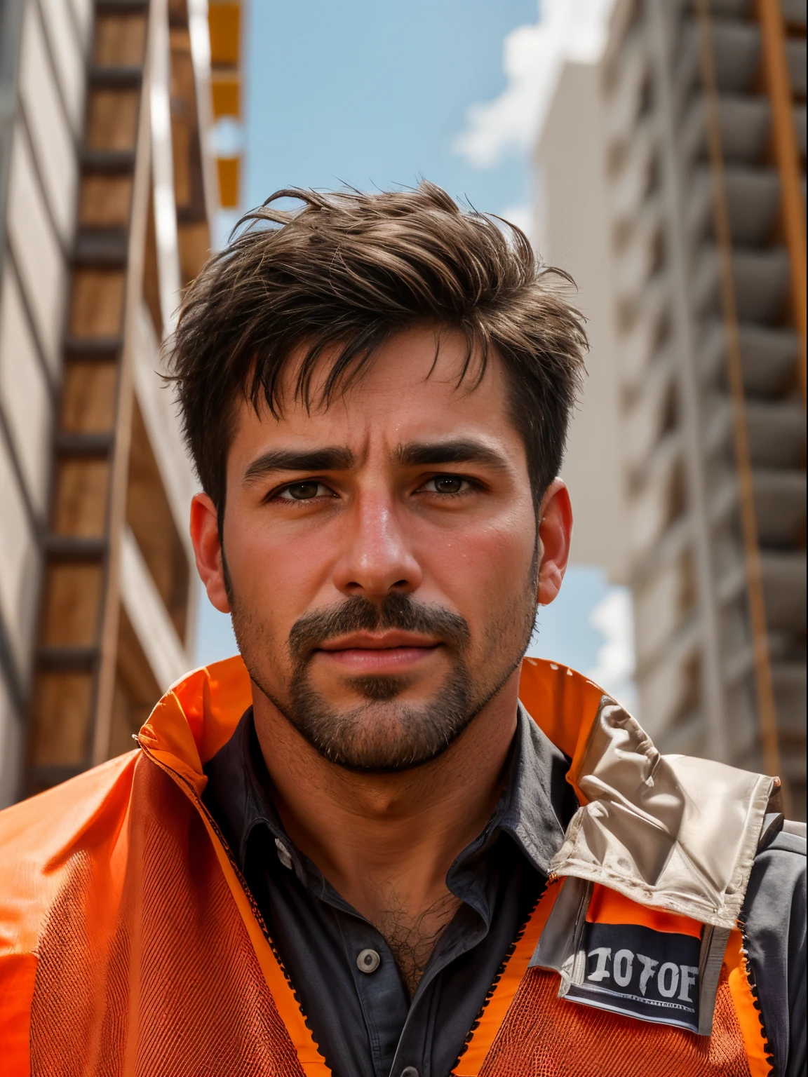 masterpiece, best quality, high resolution, closeup portrait, male focus, solo focus, A man, 40 years old, with construction worker uniform, unbuttoned work clothes, construction worker, silver grey hair, messy hairstyle, cute and seductive face, bare chest, body hair, facial hair, roman nose, very skinny body, hairy legs, dimples, beard, bold jawline , in the background a construction site, two men love touch romantic, kneeling, two men kiss, sweaty, sunburnt, orange safety vest, attractive, view from below, amazing composition, front view, HDR, ultra quality, elegant, highly detailed