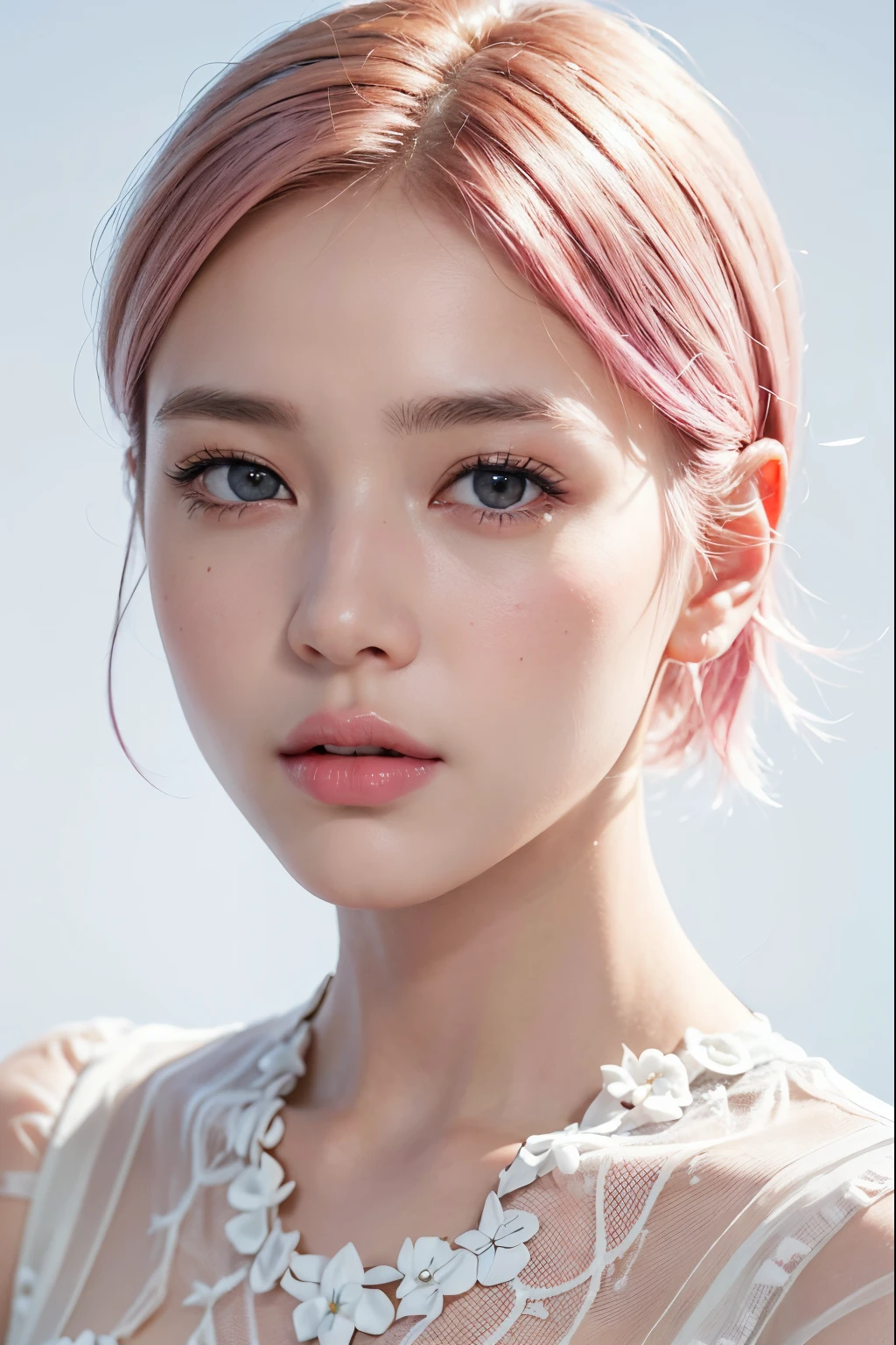 high quality,masterpiece,extremely detailed,high res,4k,ultra high res,detailed shadow,ultra realistic,realistic,dramatic lighting,1girl,solo,detailed face,realistic eyes,realistic skin,pink hair,dynamic pose, dynamic angle, white flowery dress, short hair cut,white background