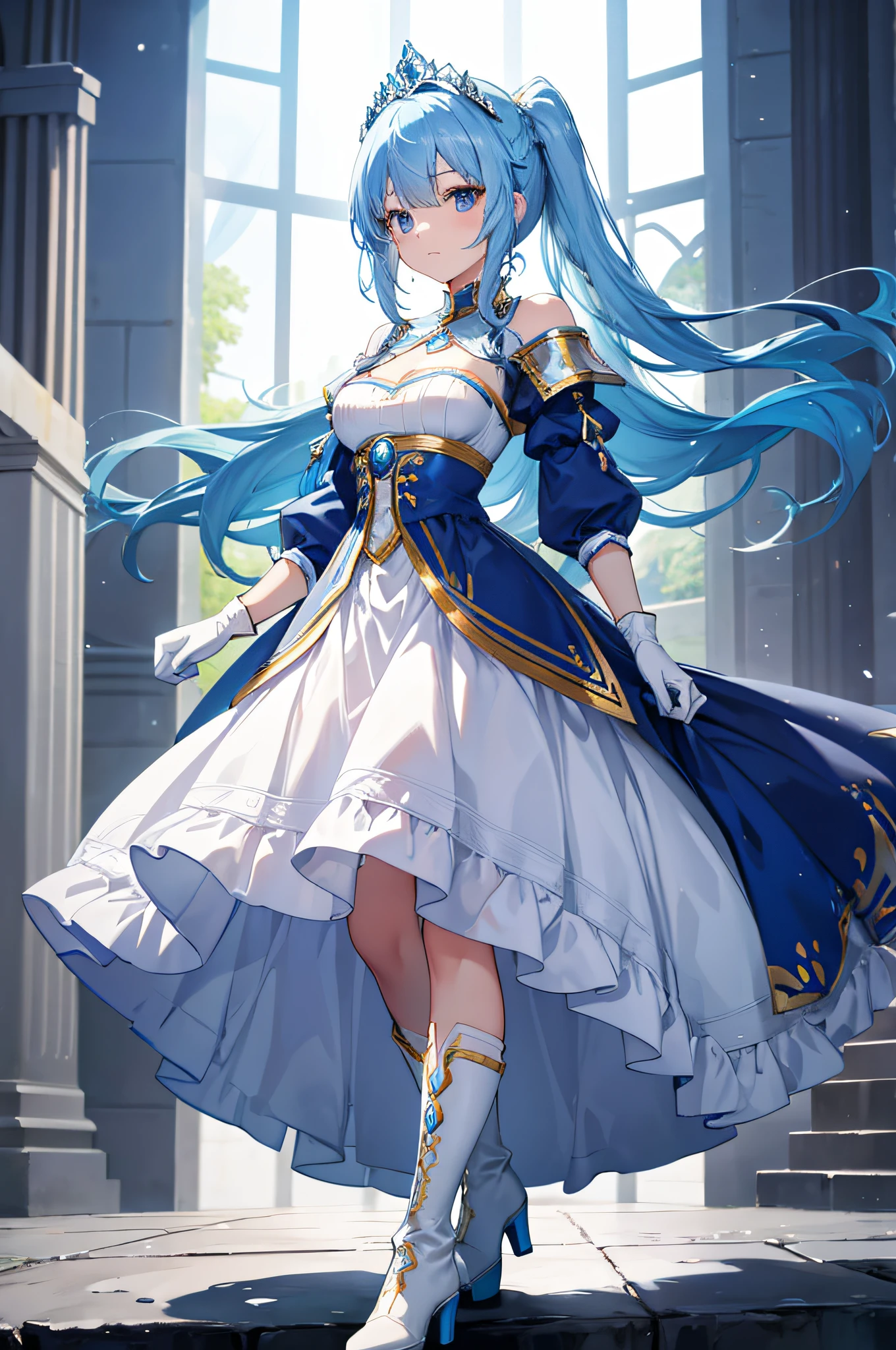 4K,hight resolution,One Woman,Bright blue hair,poneyTail,hime,Princess Knight,blue princess long dress,White armor,long white gloves,long white boots,Princess tiara,jewel decorations,Longsword,Medieval castle town,Daytime background