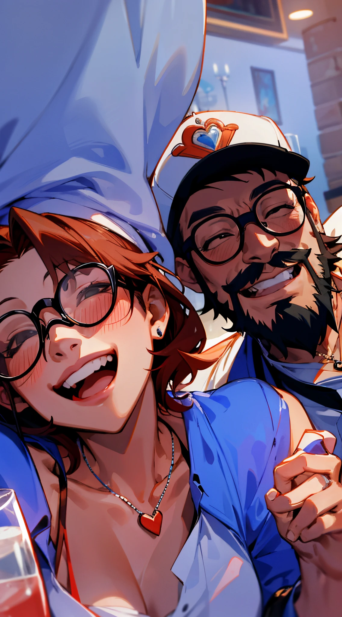 Couple in a restaurant having fun on a romantic celebration. The woman on the left wears glasses and a necklace with a heart pendant... Man doesn't wear glasses, He wears a cap and beard. They're both smiling.