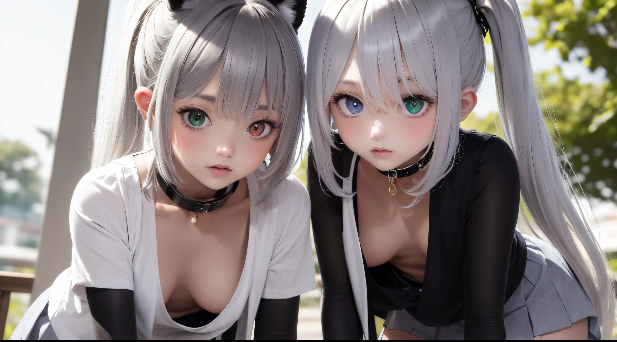Superb Quality, Masterpiece, High Resolution, Best Quality, UHD, Super Detail, Award-Awarded, 16k, (Upper Body), A Beautiful Maiden, Gray Hair, Hair, ((Heterochromia)), Hanging Corners, Fair Skin, (Small Breasts), (Slim Body), (Student Uniform Including Full-chested Jacket and Short Skirt)), (Collar), (Short gloves as short as half a palm)