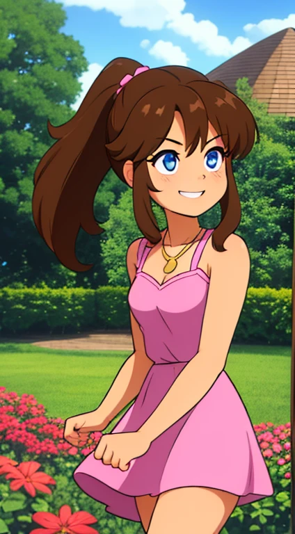brown hair, ponytail, blue eyes, bare arms, little pink dress, golden necklace, smile, cowboy shot, standing, garden, gazebo, beautiful, best quality, close up.