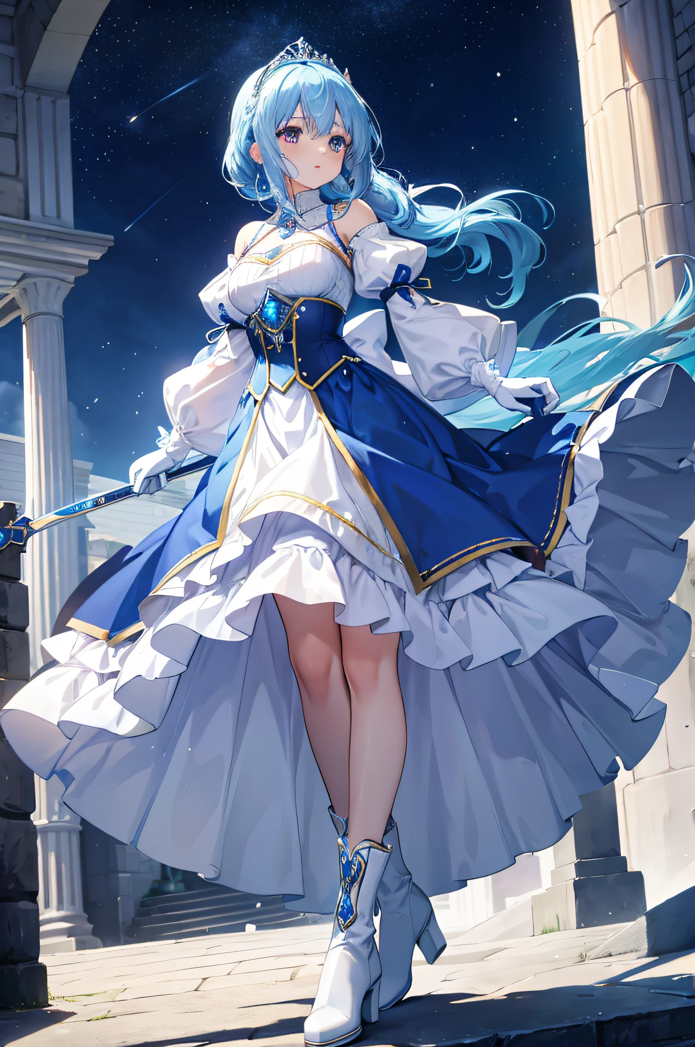 4K,hight resolution,One Woman,Bright blue hair,poneyTail,hime,Princess Knight,blue princess long dress,White armor,long white gloves,long white boots,Princess tiara,jewel decorations,Longsword,Medieval castle town,Daytime background