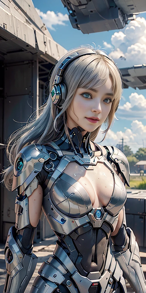 8K, Best Quality, Masterpiece, Ultra High Resolution, (Realism: 1.4), Girl Futuristic Battle Suit, Green Pupils, In the cockpit of a mecha, Cloudy background, Dark Clouds, Lightning, Background of Air Battlefield, Falling Airplane, Flying Anti-Aircraft Missiles, Exploding Flames, Mechanically Built Birds, Real Woman, Cleavage, Real Face, Cute Girl, Smile, Perfect Cyborg Girl, Wearing Sci-Fi Headphones, Beautiful Female , Beautiful Girl Cyborg, Silver Hair, Manipulator, CG ,