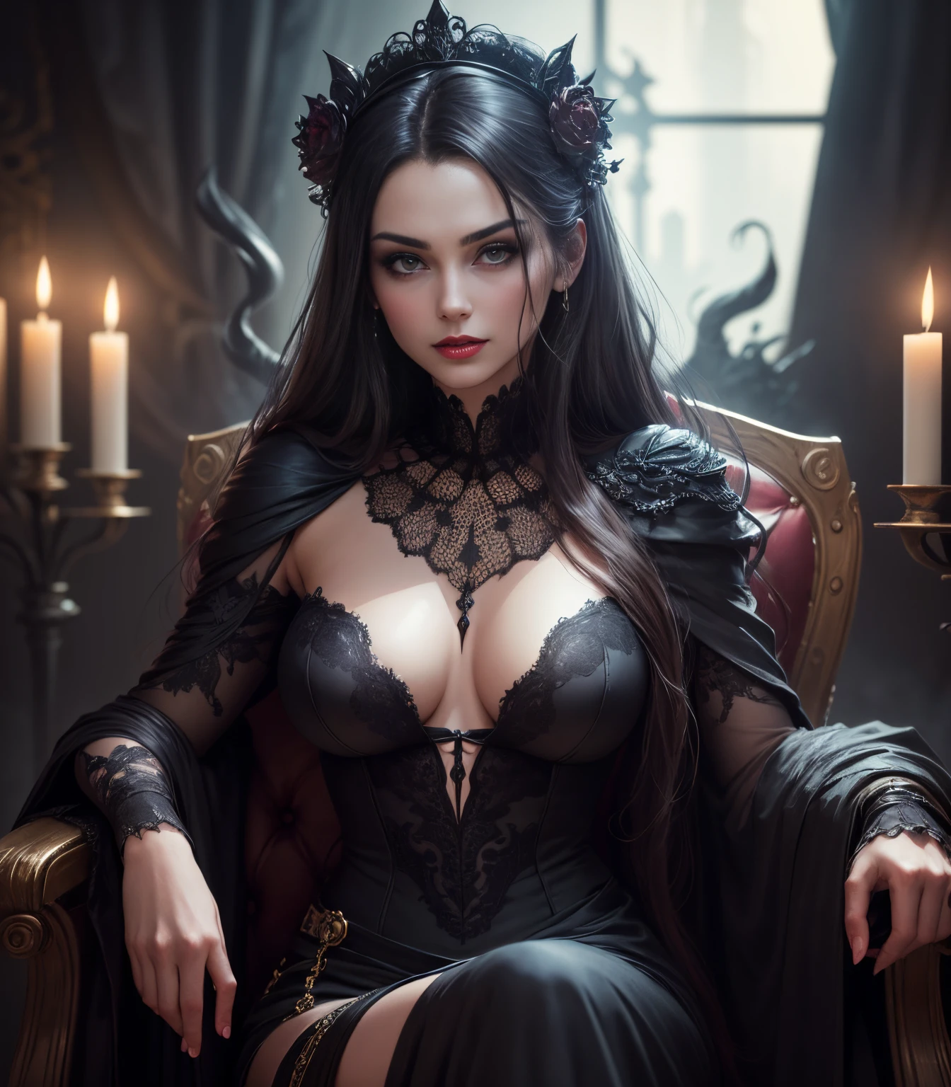 (best quality,4k,highres,masterpiece:1.2),ultra-detailed,(realistic:1.37),dark environment,lady of the night,throne,pompous,evil skeletons,presence of night,ominous atmosphere,eerie lighting,dainty,crown,haunting beauty,mesmerizing gaze,powerful aura,velvet gown,flowing dress,golden jewelry,moonlight shadows,sinister figures,creeping darkness,intense eyes,lit candles,smoke and fog,mysterious,vivid colors,sinister undertones,spider webs,dramatic pose,ornate decor,mysterious smile,luminous complexion,blood red lips,nighttime scenery,macabre scene;