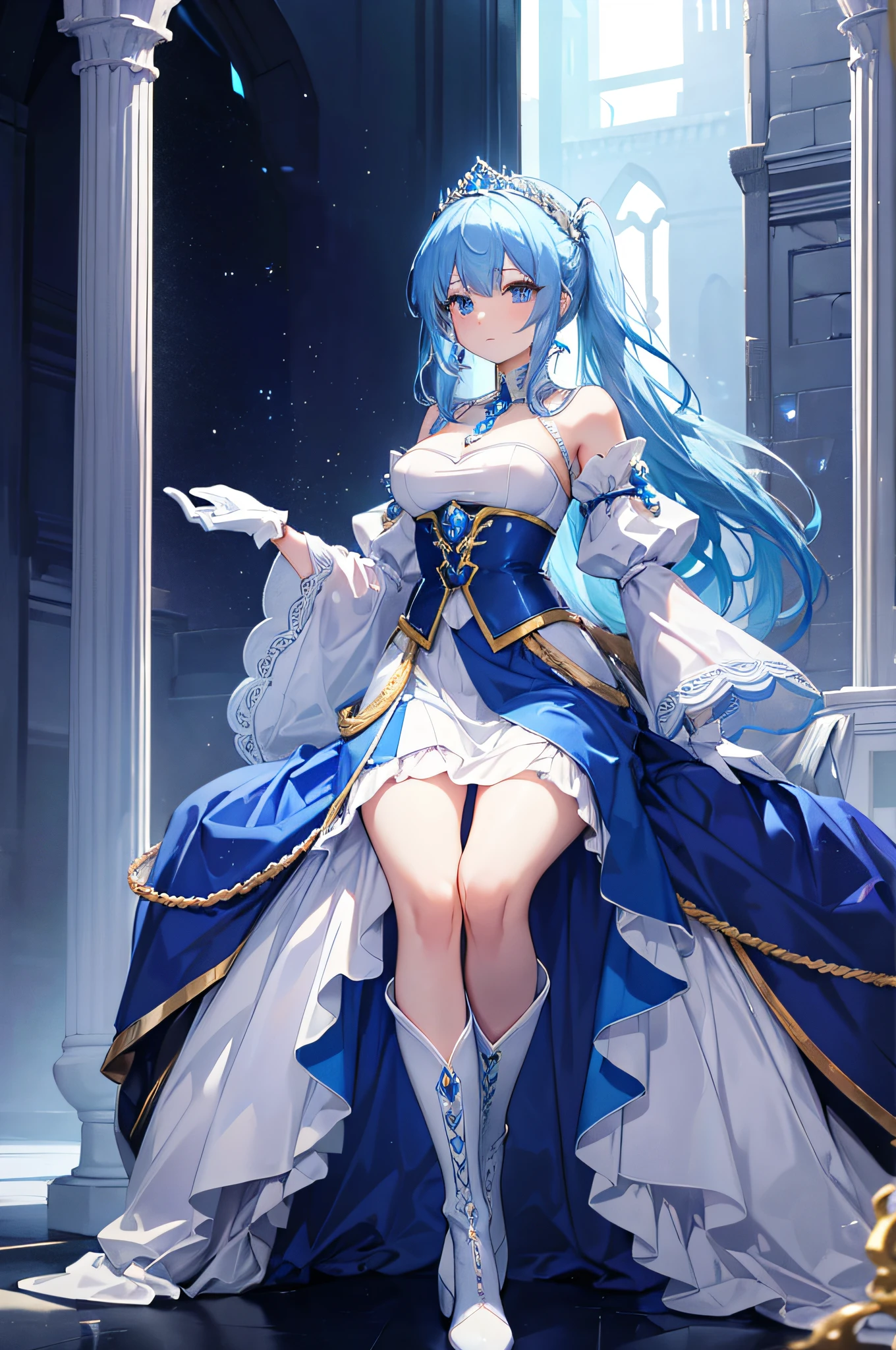4K,hight resolution,One Woman,Bright blue hair,poneyTail,hime,Princess Knight,blue princess long dress,White armor,long white gloves,long white boots,Princess tiara,jewel decorations,Longsword,Medieval castle town