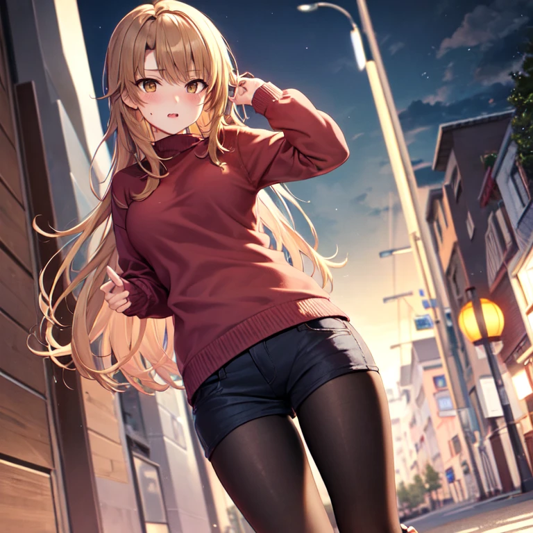 Isshiki Roha, Long hair, well-drawn hands，brown haired，Brown-eyed, large red sweater, shortpants，A sweater large enough to cover your pants，Short boots，Ha ni ni, Solo，Black tights，In the street，Cold sky