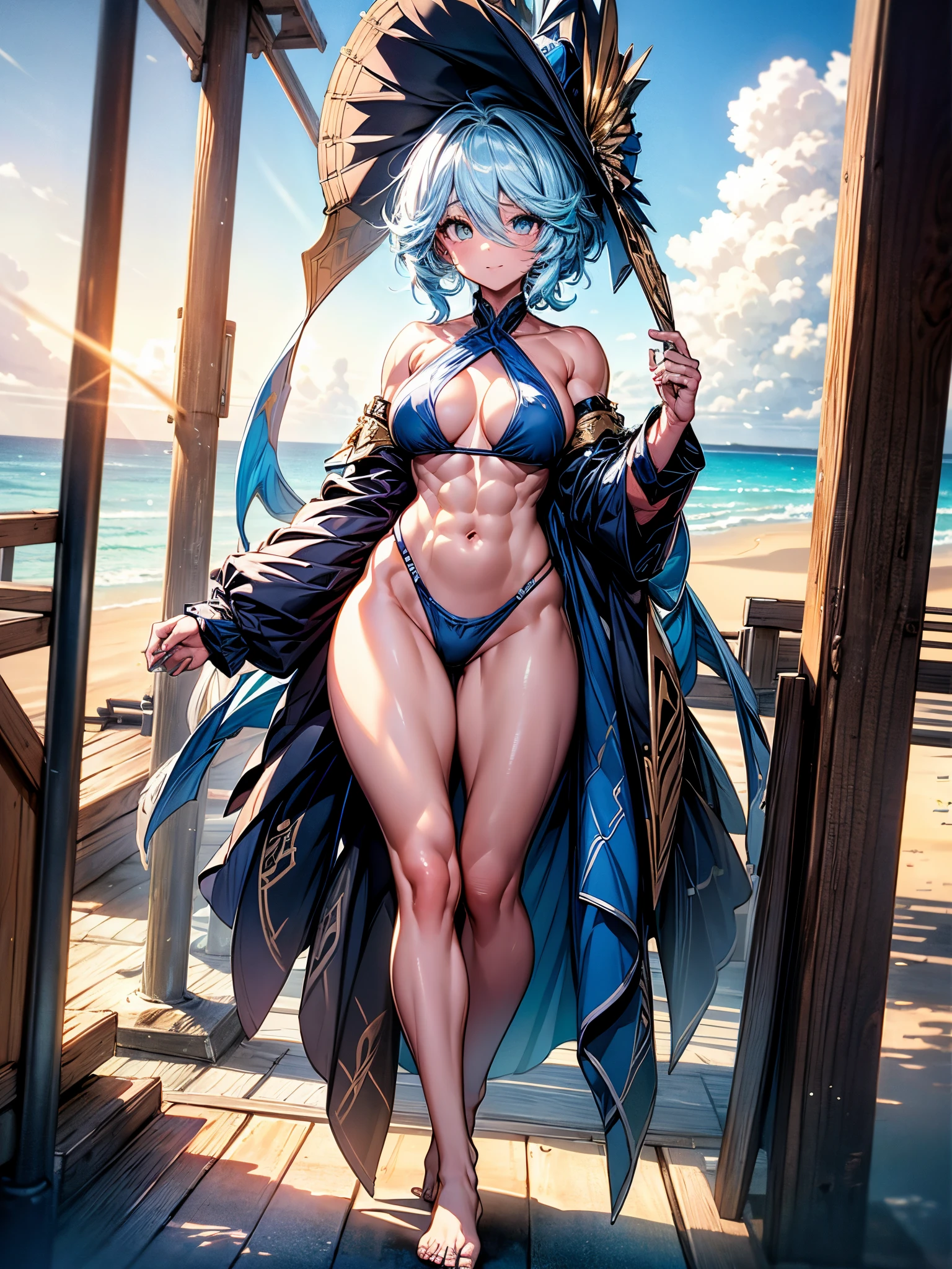 Furina from Genshin Impact), 1 girl, standing (on the beach), blue painted nails, {{{thong bikini}}}, (((muscular legs))), in (a motel room), (showing sensuality), muscular belly, standing, bare feet, (full body photo), (short hair), medium breasts, eye reflection, elongated eyes, elongated eyes, happy, anime, anime style, Cinematic lighting, shine, JPEG artifacts, bright light, divine rays, ray tracing, panorama, canon, UHD, master piece, textured skin, Super Detail, High details, best quality, ultra high resolution, 16k