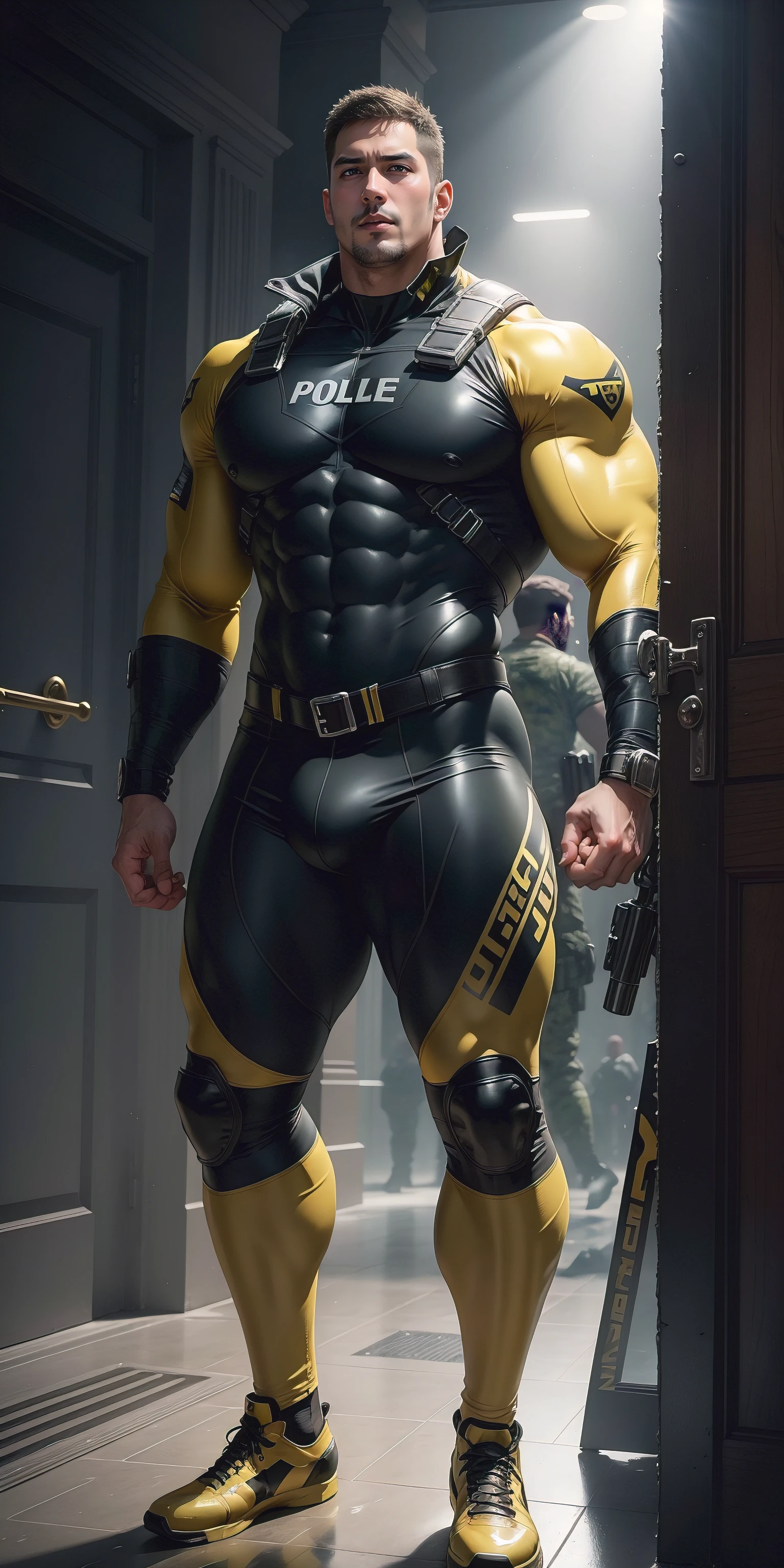 perspective looking up from below,The tall muscular policeman opened his mouth and shouted.,Dark yellow camouflage uniform,Looking up at the huge bulge in the crotch,Highlight the majesty,character design(Resident Evil - Chris Redfield,Chris Redfield)Wearing a shiny dark yellow camouflage wetsuit,High leather texture,Regular symmetrical texture pattern,Standing on Slime Street, A lot of silty silt,expression sad,Deep and charming eyes,The male hero with emerald pupils,heroic masculine pose,Tall and burly,Muscular!Charming leg muscles,tall, Burly, and strong, Wearing a shiny dark yellow camouflage wetsuit, Super gain and cool, commission for high resolution, Big feet in black boots,Charming strong man,Bright sunlight shines on the body,Reflective and shiny