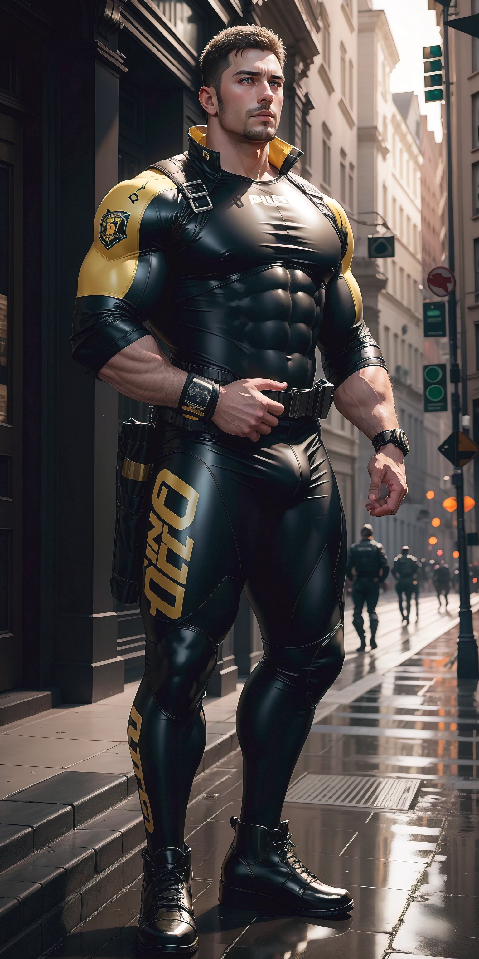 perspective looking up from below，The tall muscular policeman opened his mouth and shouted.，Height 1.9m，Dark yellow camouflage uniform，Looking up at the huge bulge in the crotch，Highlight the majesty，character  design（Resident Evil - Chris Redfield，Chris Redfield）Wearing a shiny dark yellow camouflage wetsuit，High leather texture，Regular symmetrical texture pattern，Standing on Slime Street, A lot of silty silt，expression sad，Deep and charming eyes，The male hero with emerald pupils，heroic masculine pose，Tall and burly，Muscular！Charming leg muscles，tall, Burly, and strong， Wearing a shiny dark yellow camouflage wetsuit， Super gain and cool， commission for high resolution， Big feet in black boots，Charming strong man，Bright sunlight shines on the body，Reflective and shiny