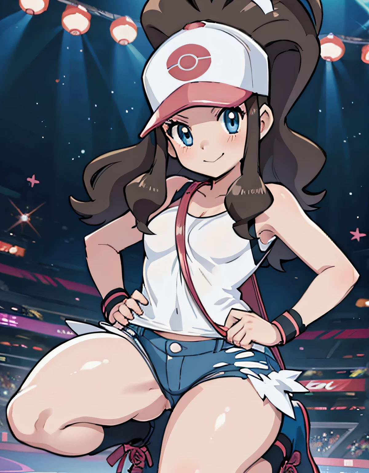 La mejor calidad, curva, def1, small breasts, Looking at the camera, sonriente, cuerpo completo, muslos visibles, de rodillas, trasero grande, embarrassed expression, disgustado, retrato, vivid colors, Soft lighting, en un estadio pokemon, Hero's View