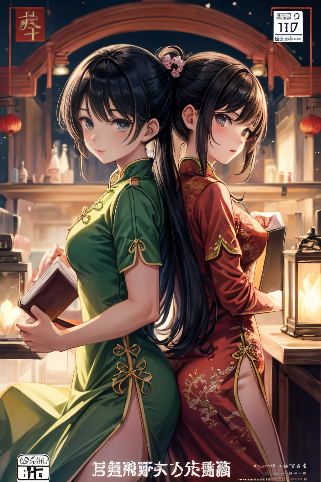 A doujinshi cover featuring a young detective and a woman in a back-to-back Chinese dress, com alguns elementos de 007, battle manga,