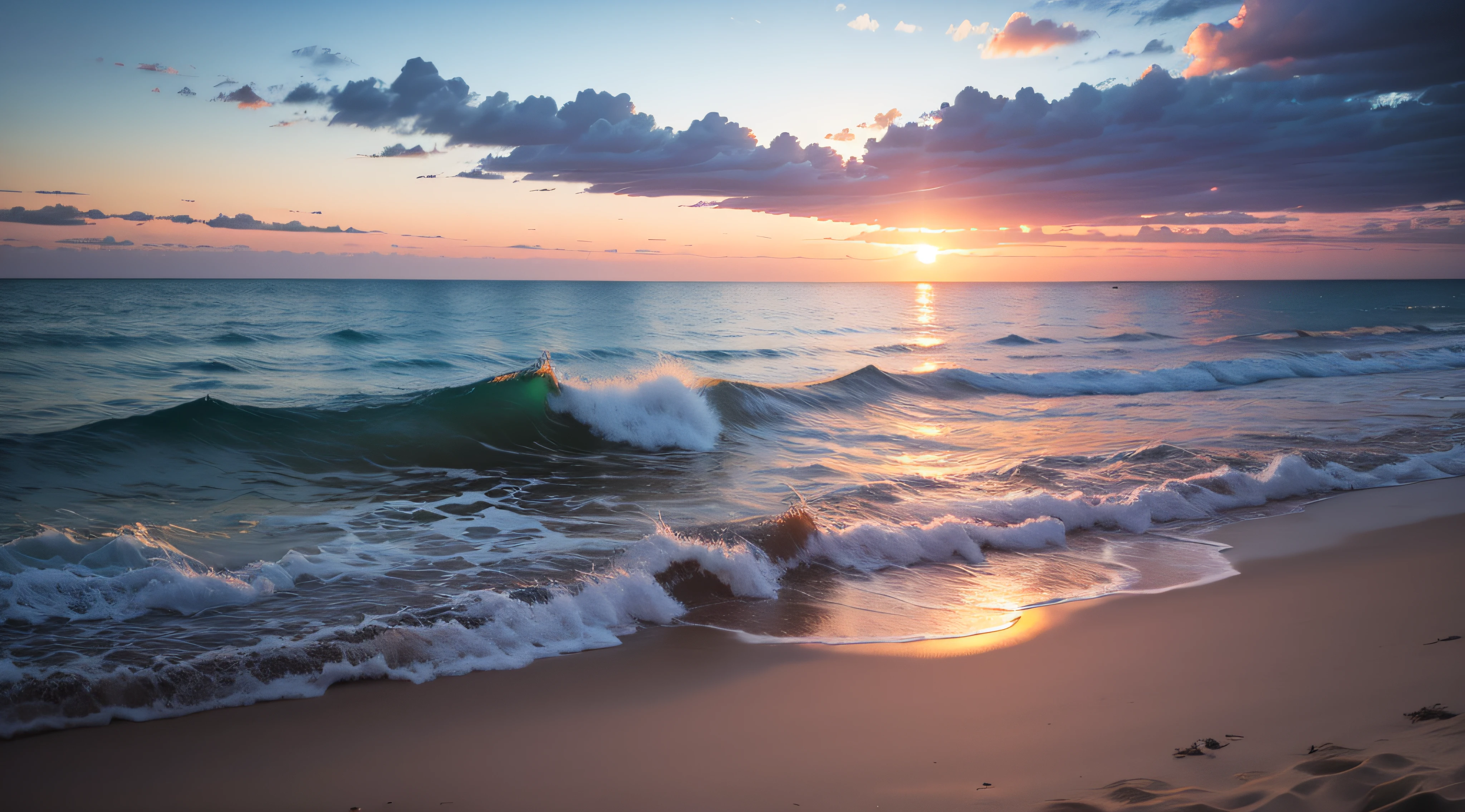 sunset on a beach with clear blue water