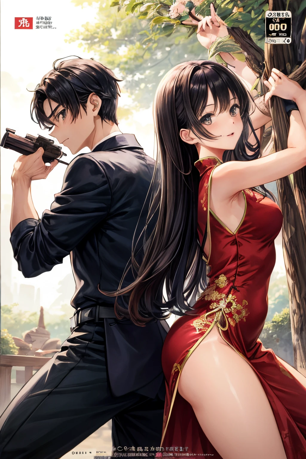 A doujinshi cover featuring a young detective and a woman in a back-to-back Chinese dress, com alguns elementos de 007, battle manga,