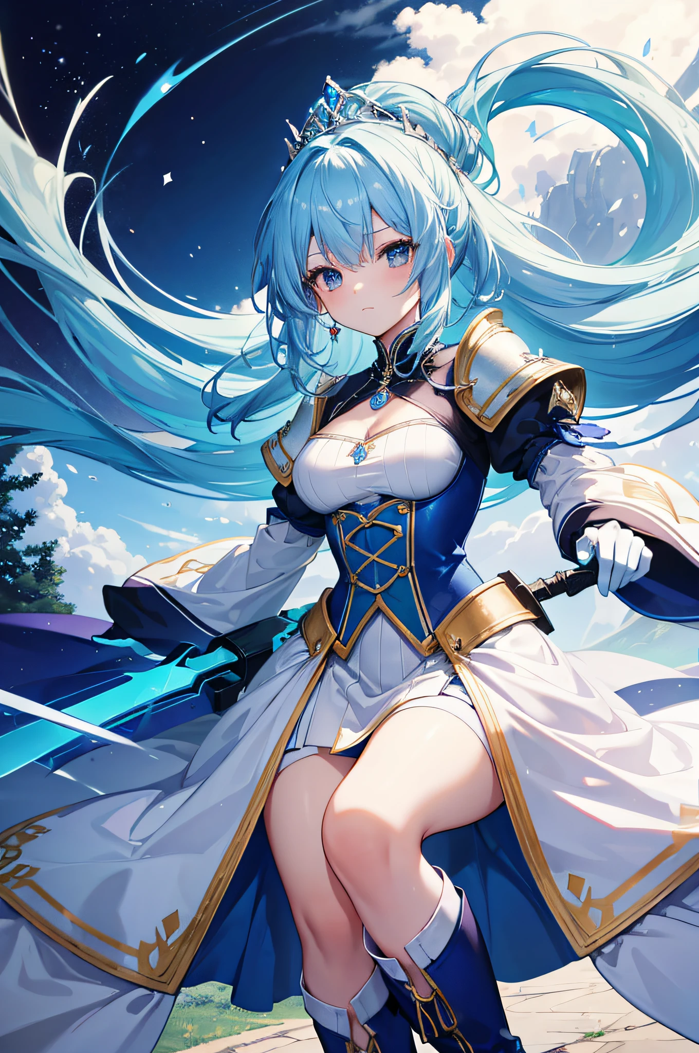 4K,hight resolution,One Woman,Bright blue hair,poneyTail,hime,Princess Knight,blue princess long dress,White armor,long white gloves,long white boots,Princess tiara,jewel decorations,Longsword,Medieval castle town