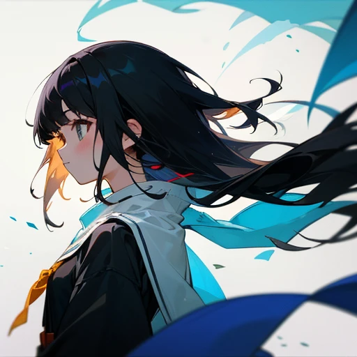 My hair swayed in the wind、A girl with black hair、Facing to the side。