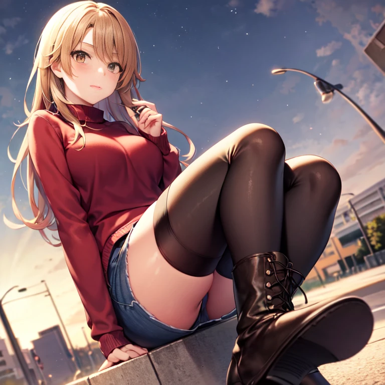 Isshiki Roha, Long hair, well-drawn hands,brown haired,Brown-eyed, large red sweater, shortpants,A sweater large enough to cover your pants,Short boots,Ha ni ni, Solo,Black tights,In the street,Cold sky