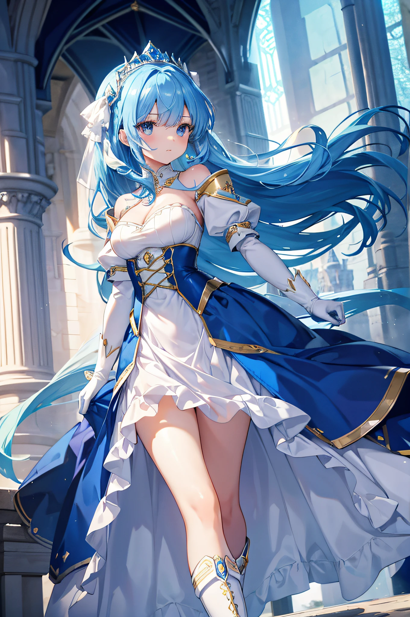 4K,hight resolution,One Woman,Bright blue hair,poneyTail,hime,Princess Knight,blue princess long dress,White armor,long white gloves,long white boots,Princess tiara,jewel decorations,Longsword,Medieval castle town