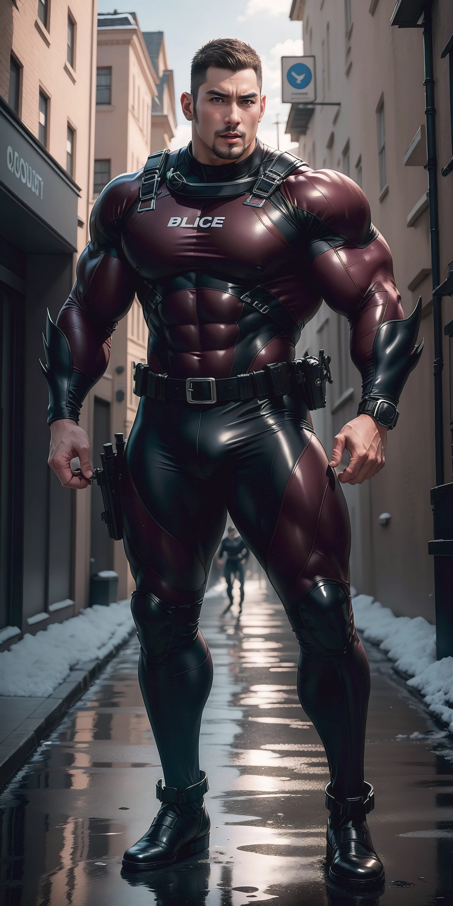 Height of a person who opens his mouth and screams 1.9m muscular man,senior police officer,character design(Resident Evil - Chris Redfield,Chris Redfield)Wearing a shiny burgundy wetsuit,High leather texture,Regular symmetrical texture pattern,Standing on a street with a lot of slimes, A lot of silty silt,expression sad,The male protagonist with a deep and charming brown pupil in his right eye,heroic masculine pose,Tall and burly,Muscular!Sexy and attractive leg muscles,tall, Burly, and strong, Wearing a shiny burgundy wetsuit, Super gain and cool, commission for high resolution, Big feet wearing dark black boots,Charming strong man,Bright sunlight shines on the body,Reflective and shiny