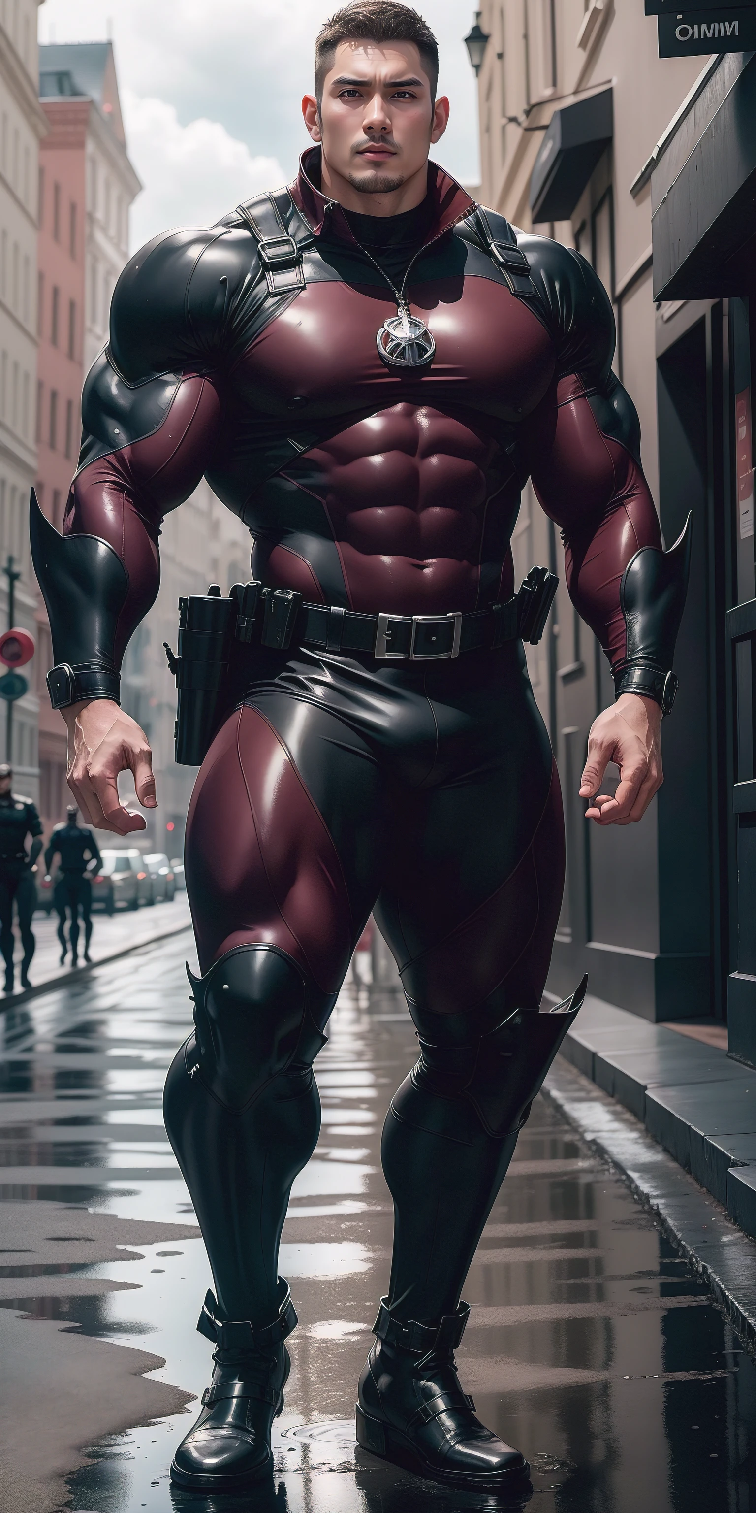 Height of a person who opens his mouth and screams 1.9m muscular man,senior police officer,character design(Resident Evil - Chris Redfield,Chris Redfield)Wearing a shiny burgundy wetsuit,High leather texture,Regular symmetrical texture pattern,Standing on a street with a lot of slimes, A lot of silty silt,expression sad,The male protagonist with a deep and charming brown pupil in his right eye,heroic masculine pose,Tall and burly,Muscular!Sexy and attractive leg muscles,tall, Burly, and strong, Wearing a shiny burgundy wetsuit, Super gain and cool, commission for high resolution, Big feet wearing dark black boots,Charming strong man,Bright sunlight shines on the body,Reflective and shiny