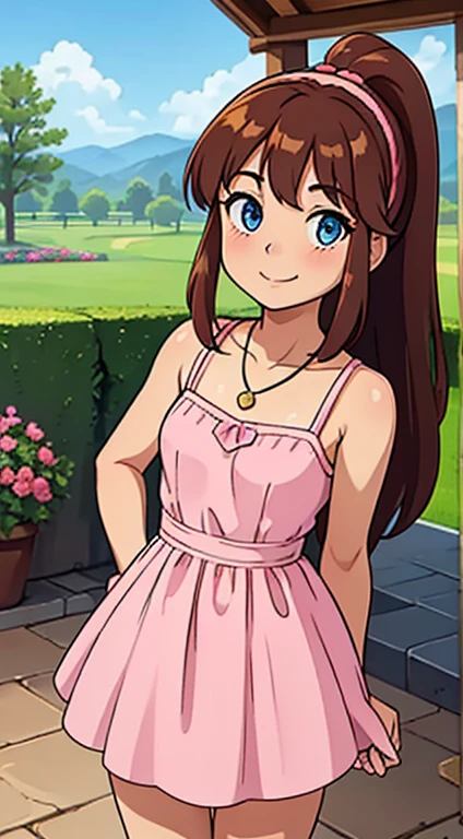 brown hair, medium hair, ponytail, pink Hairband, blue eyes, bare arms, pink dress, little pink dress, golden necklace, smile, cowboy shot, standing, garden, gazebo, beautiful, best quality, close up.