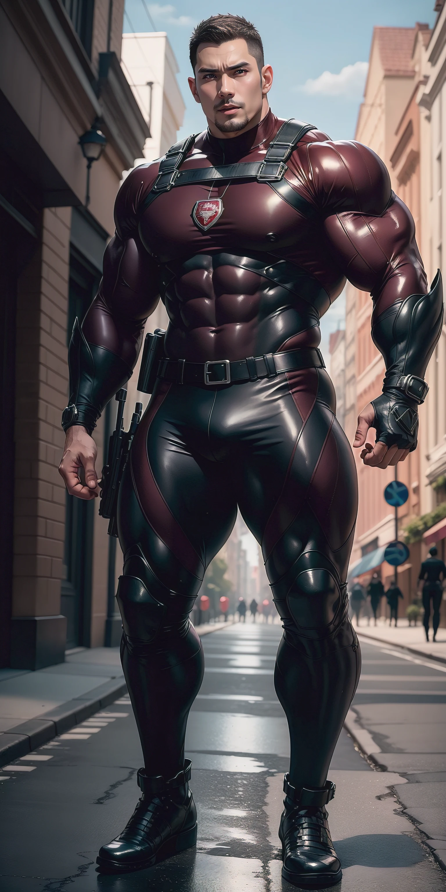 The 2-meter-tall muscular man opened his mouth and screamed，senior police officer，character  design（Resident Evil - Chris Redfield，Chris Redfield）Wearing a shiny burgundy wetsuit，High leather texture，Regular symmetrical texture pattern，Standing on a street with a lot of slimes, A lot of silty silt，expression sad，The male protagonist with a deep and charming brown pupil in his right eye，heroic masculine pose，Tall and burly，Muscular！Sexy and attractive leg muscles，tall, Burly, and strong， Wearing a shiny burgundy wetsuit， Super gain and cool， commission for high resolution， Big feet wearing dark black boots，Charming strong man，Bright sunlight shines on the body，Reflective and shiny