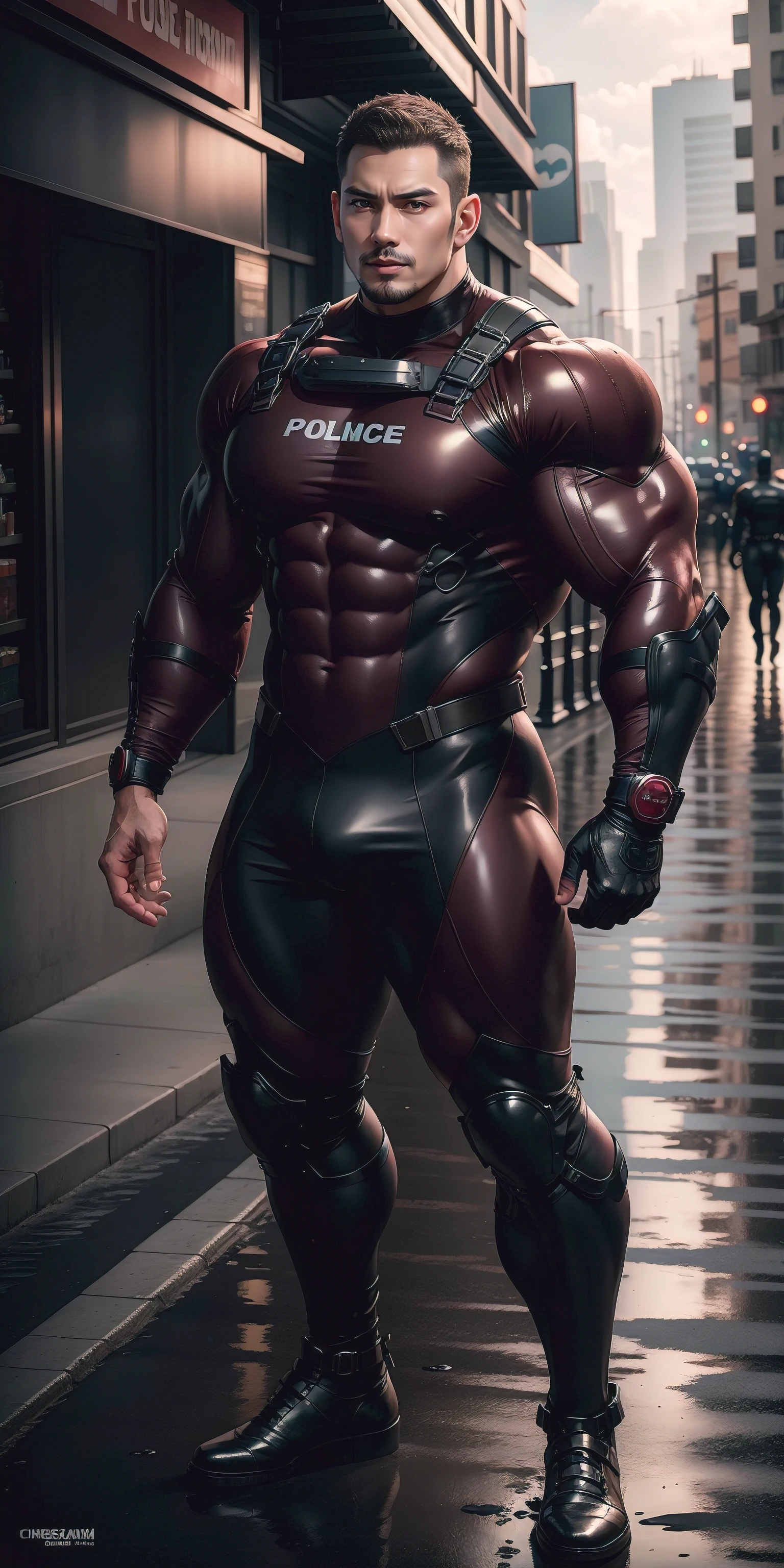 The 2-meter-tall muscular man opened his mouth and screamed,senior police officer,character design(Resident Evil - Chris Redfield,Chris Redfield)Wearing a shiny burgundy wetsuit,High leather texture,Regular symmetrical texture pattern,Standing on a street with a lot of slimes, A lot of silty silt,expression sad,The male protagonist with a deep and charming brown pupil in his right eye,heroic masculine pose,Tall and burly,Muscular!Sexy and attractive leg muscles,tall, Burly, and strong, Wearing a shiny burgundy wetsuit, Super gain and cool, commission for high resolution, Big feet wearing dark black boots,Charming strong man,Bright sunlight shines on the body,Reflective and shiny