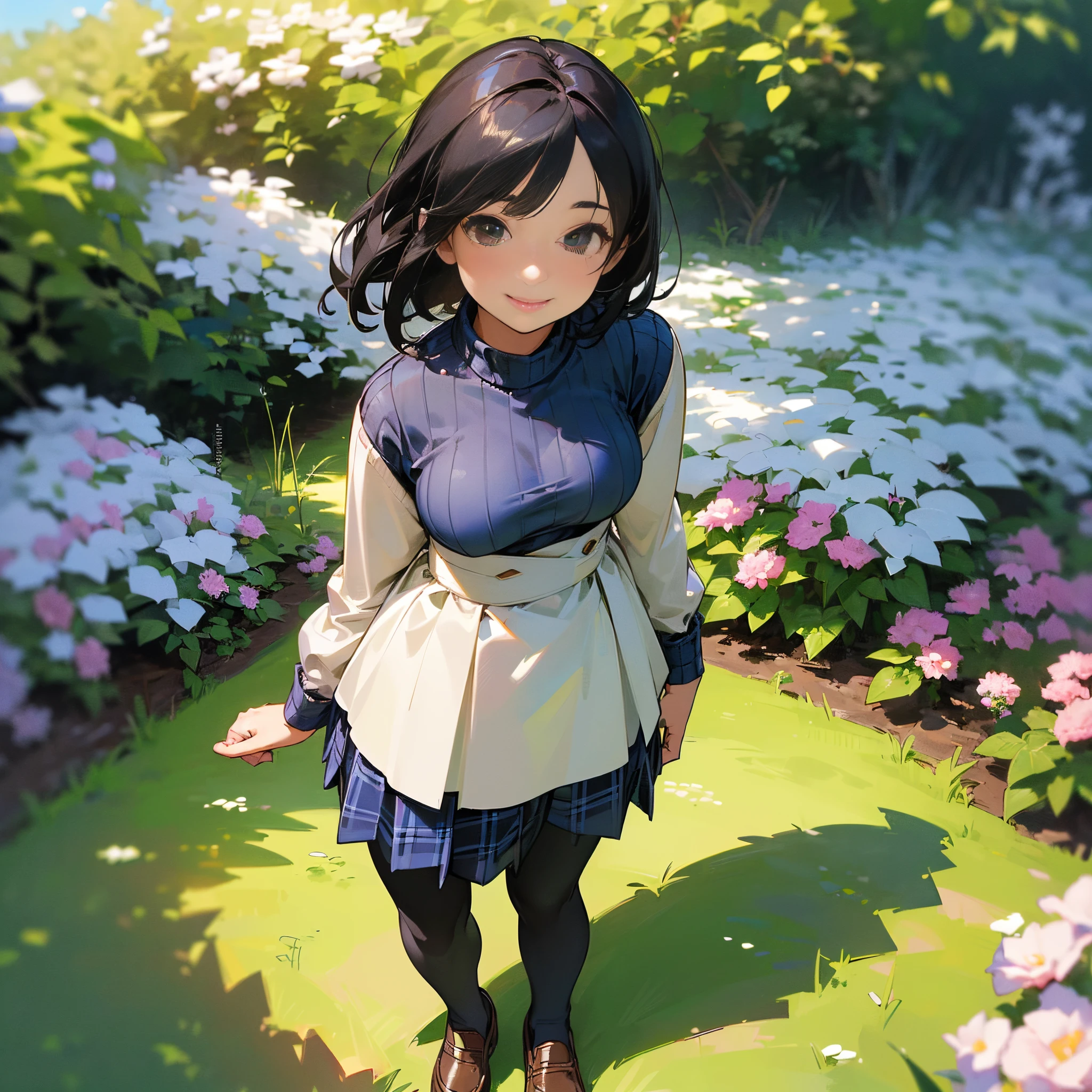 (High quality, High resolution, Ultra-detailed, Realistic:1.37), peaceful ambiance, (plein air, garden), girl standing alone, (My breasts are big.), Beautiful detailed features, Cute smile, (Black bob hair), Ribbed sweater, blue plaid skirt, Black tights, Brown loafers.