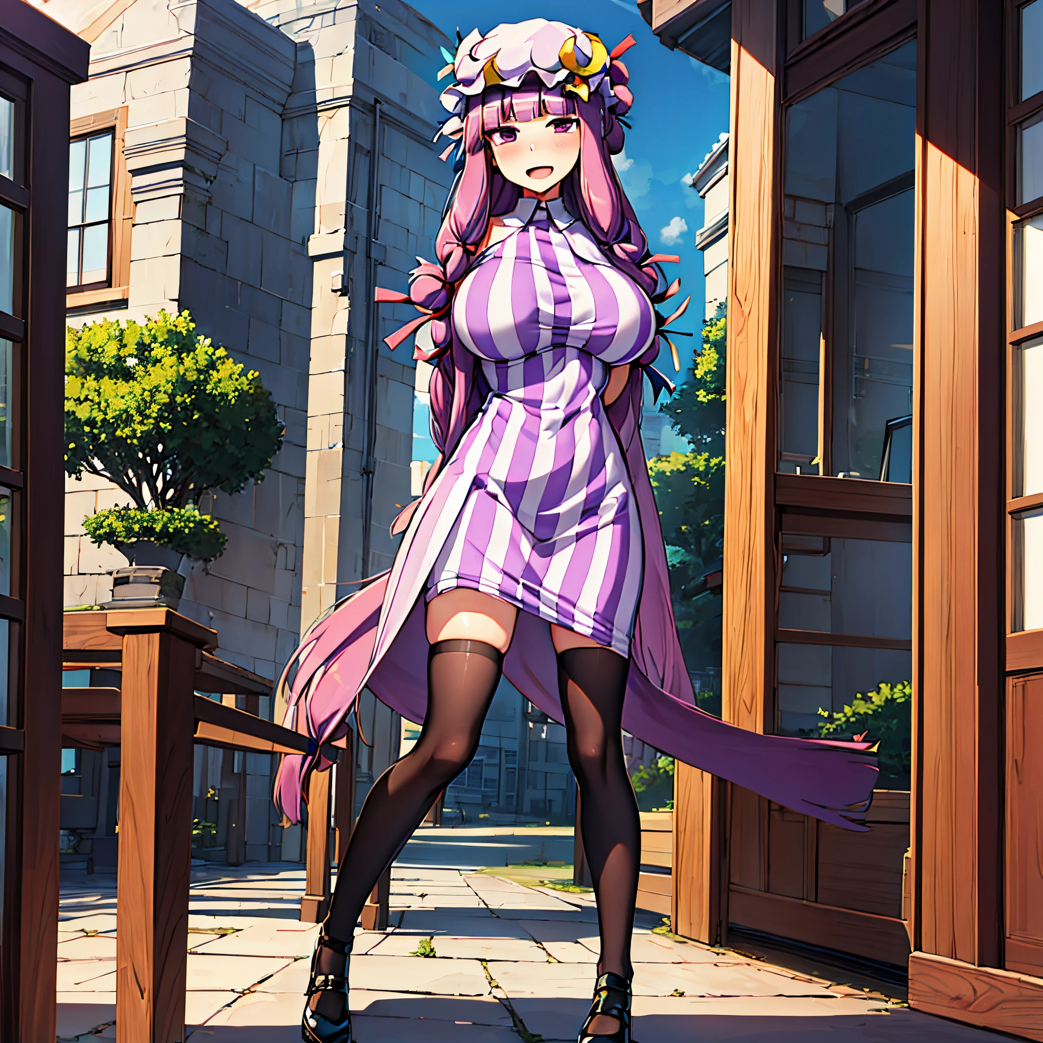 (solo Patchouli standing with open thin legs wide:1.8), (open slim thighs:1.5), solo, standing at lakeside forest, BREAK, (thin long legs:1.5), (short torso:1.5), (large perky breasts:1.4), (thin waist:1.2), (arms behind back:1.5), BREAK, (long black thighhighs:1.4), highheels, (pigeon toed:1.2), BREAK, (long hair flapping in wind:1.5), BREAK, smile for viewer, nose blush, open mouth, heavy breathing, BREAK, full body, masterpiece