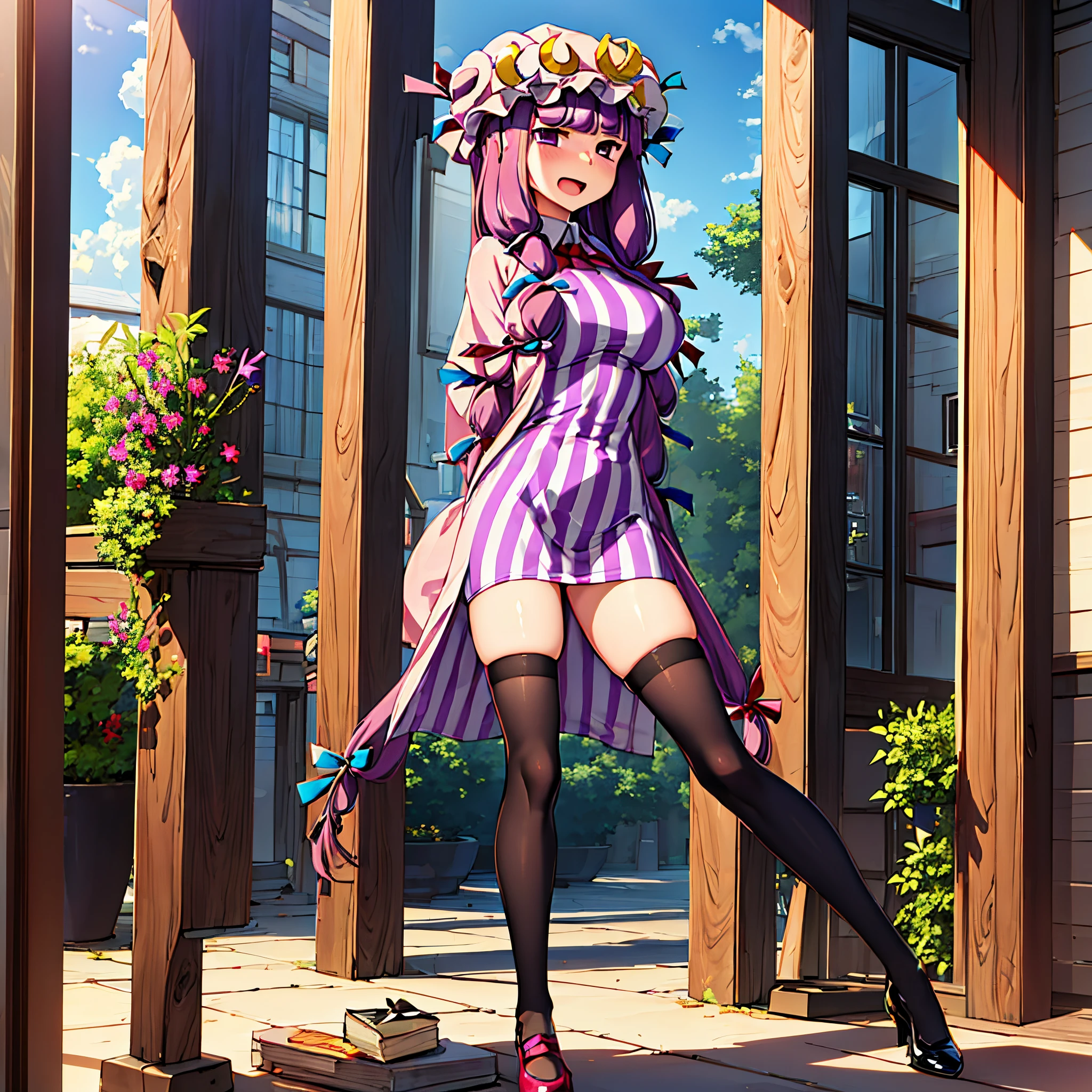 (solo Patchouli standing with open thin legs wide:1.8), (open slim thighs:1.5), solo, standing at lakeside forest, BREAK, (thin long legs:1.5), (short torso:1.5), (large perky breasts:1.4), (thin waist:1.2), (arms behind back:1.5), BREAK, (long black thighhighs:1.4), highheels, (pigeon toed:1.2), BREAK, (long hair flapping in wind:1.5), BREAK, smile for viewer, nose blush, open mouth, heavy breathing, BREAK, full body, masterpiece