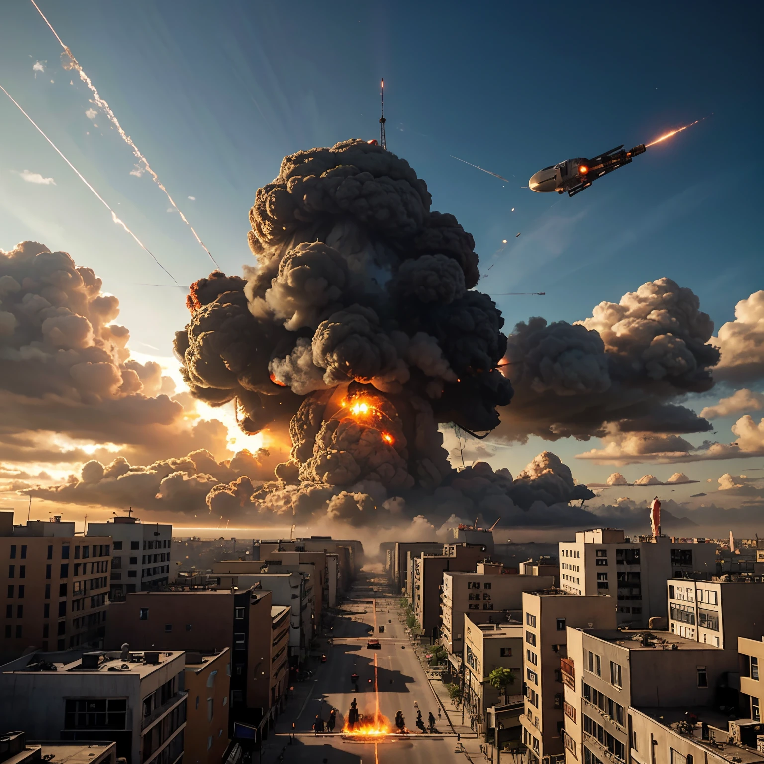 Atomic bomb falling on cartoon city