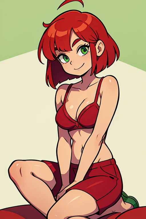 sereia com calda verde, red bra, red hair, medium hair, bob hair, sitting pose, smile.