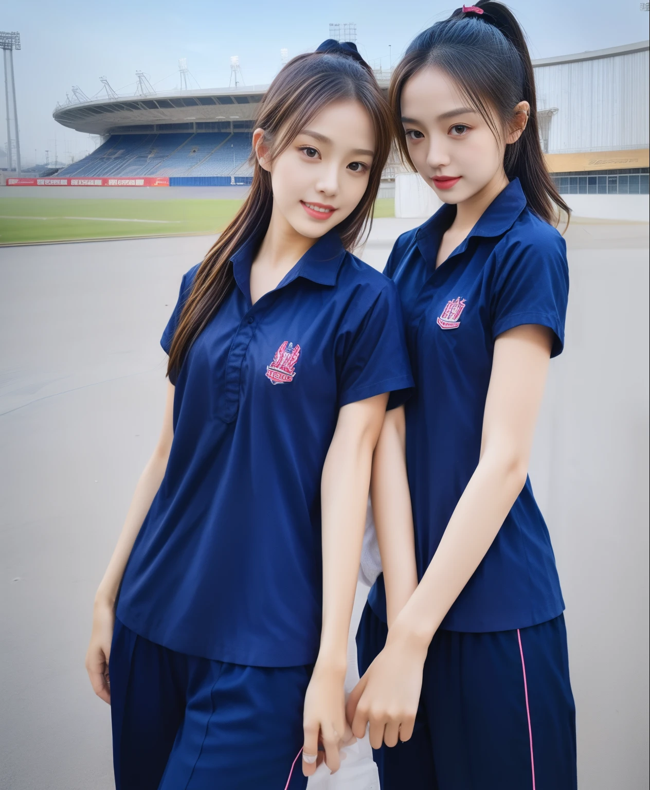 (bestquality,10,10,highres,masterpiece:1.2),ultra-detail,(Realistic,photorealistic portrait,photo-realistic:1.37),1 Cute girl in the football field,oily shiny skin,bara,light smile,BDclothelue shirt:1.3)),short sleeves,shirt, trousers.,(navy_long_Pants Track:1.1), ((Stadium Background:1.3)),dynamic angle,excited,face focus,Dynamic Poses,from behide,Ass Focus,masterpiece, bestquality, ultra realistic, hyper-detail, 8k resolution, RAW photo, crisp focus, ((Navy blue shirt:1.1)), short sleeves, Long Path, Perfect body, 2 mature women, 18yo, cinematic light,Blue sweatpants,Gymware,Correct anatomy,Complete body, Correct body, sharp face, Anatomically correct body, full entire body, Realistic gestures, long-haired, Realistic poses,Wear long shorts...............................,Long leg span,Shapely,Sculpting Girl, Slender Figure, mannequin mannequins, Shapely, Beautiful body,Blue sweatpants, Two girls kissing