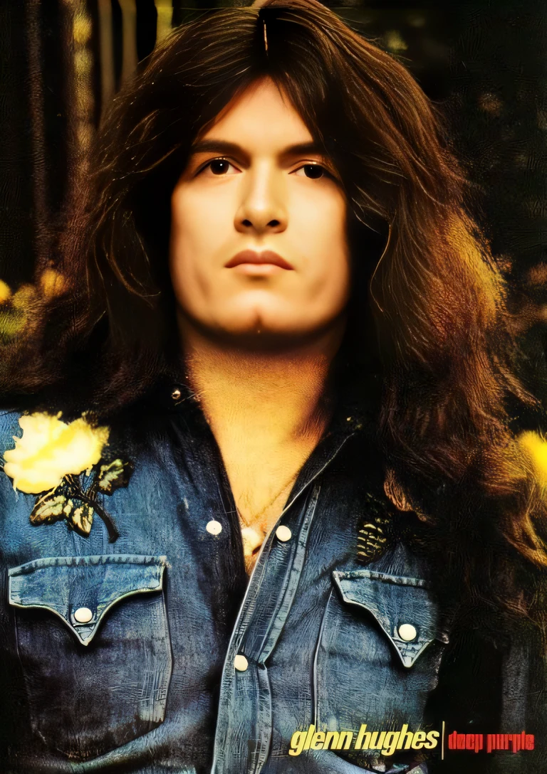 a close up of a man with long hair wearing a denim shirt, eddie, golden earring, by David Gilmour Blythe, david gilmour, eugene gottsnake, mullet, wolfgang novogratz, young robert plant, david a, seventies, jony ives, seventies era, mark schultz, inspired by John Michael Wright, inspired by Malcolm Morley, brad