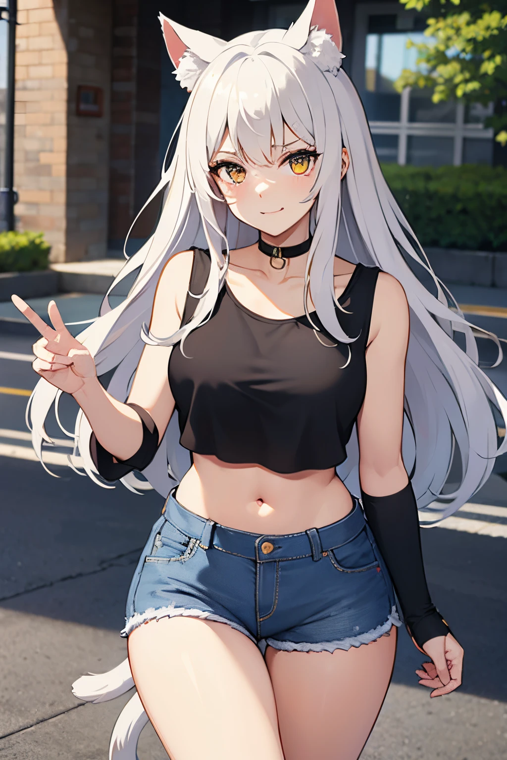 Beautiful gray hair、Beautiful red eyes、Longhaire、Tube Top、shortpants、a choker、Selfie wind、selfee、piece、piece sign